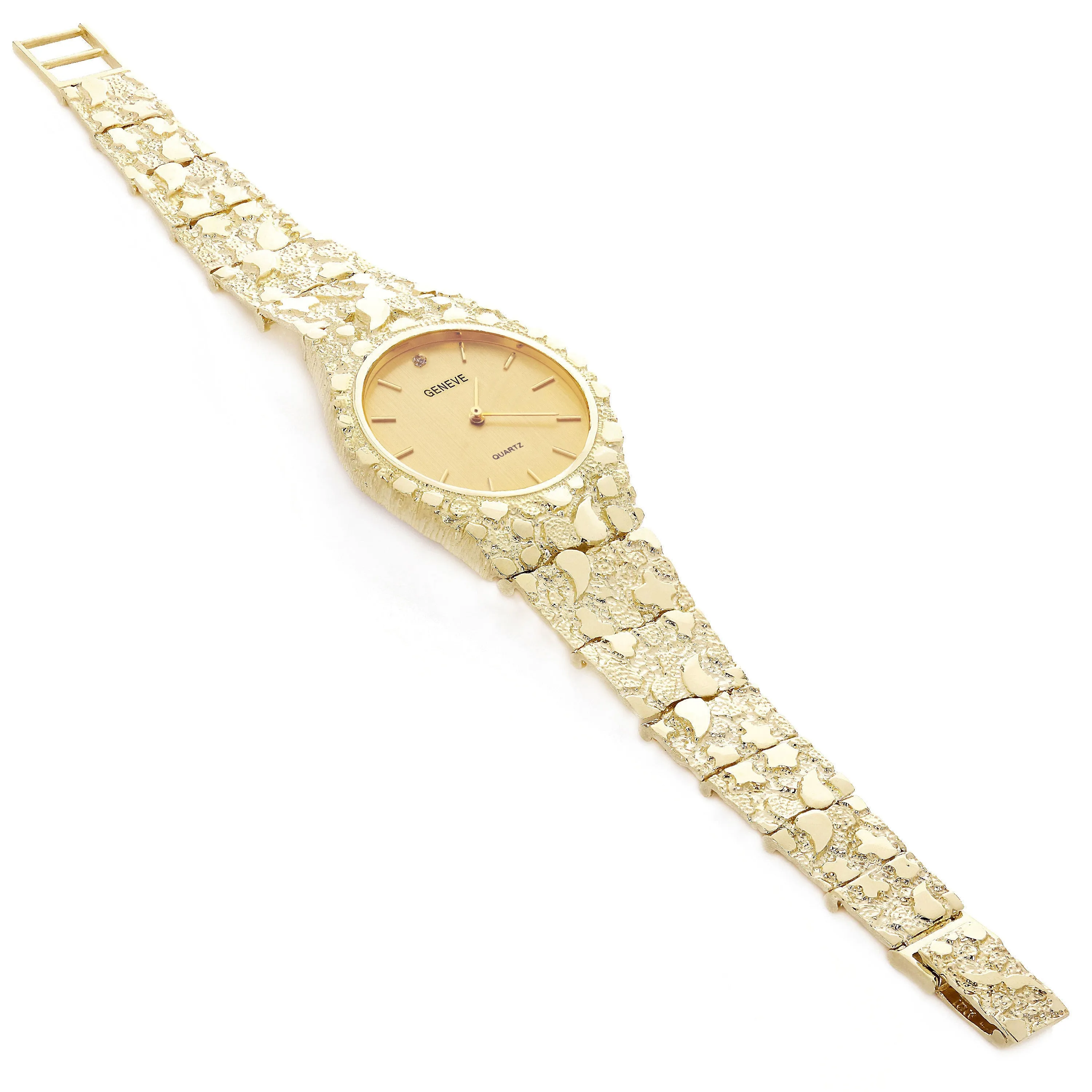 10k Yellow Gold Nugget Link Wrist Band Geneve Diamond Watch 8-8.5" 53.7 grams