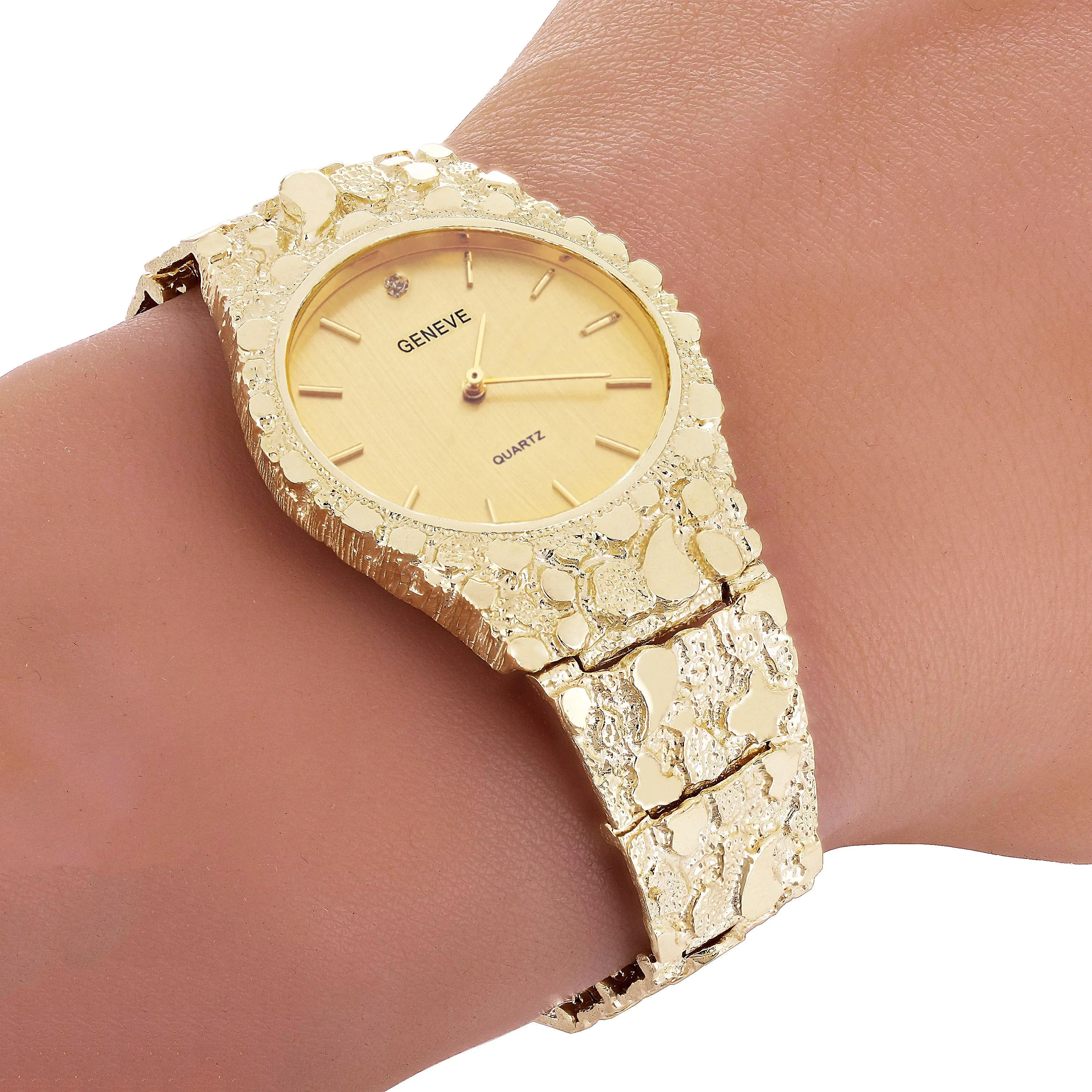 10k Yellow Gold Nugget Link Wrist Band Geneve Diamond Watch 8-8.5" 53.7 grams