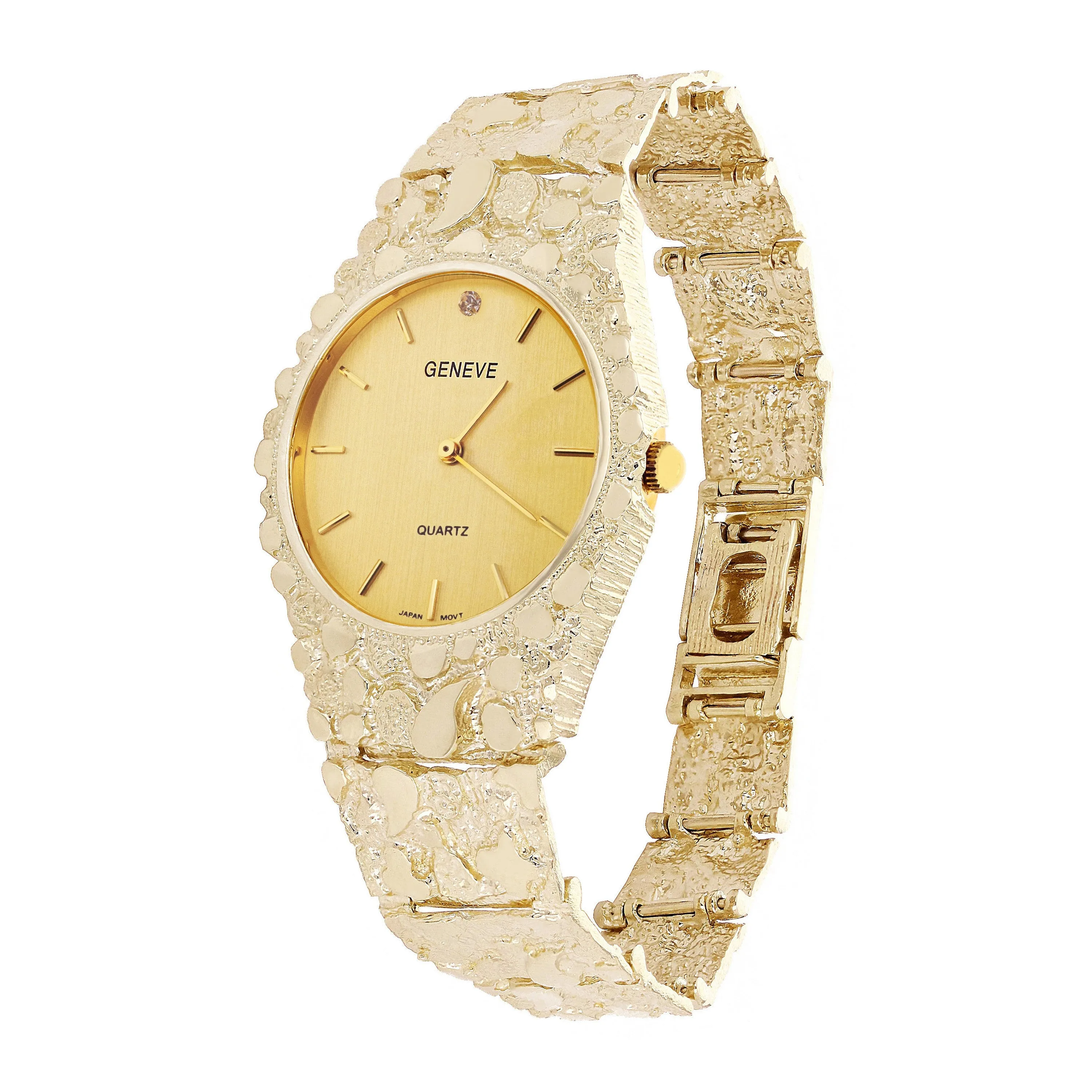 10k Yellow Gold Nugget Link Wrist Band Geneve Diamond Watch 8-8.5" 53.7 grams