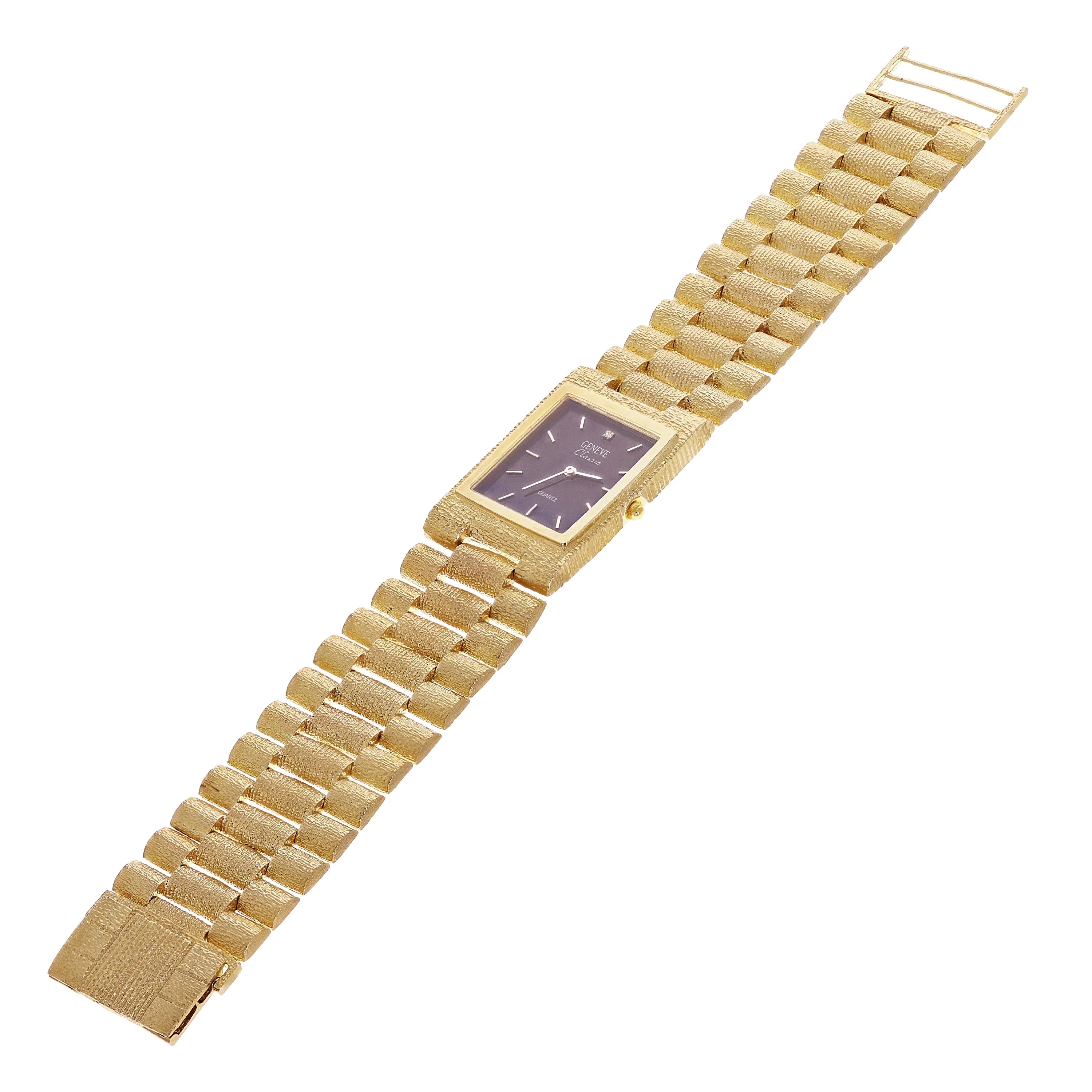 10k Yellow Gold Solid Watch Link Band Geneve w/ Diamond 8.5-9" 26.6mm 67.5 grams