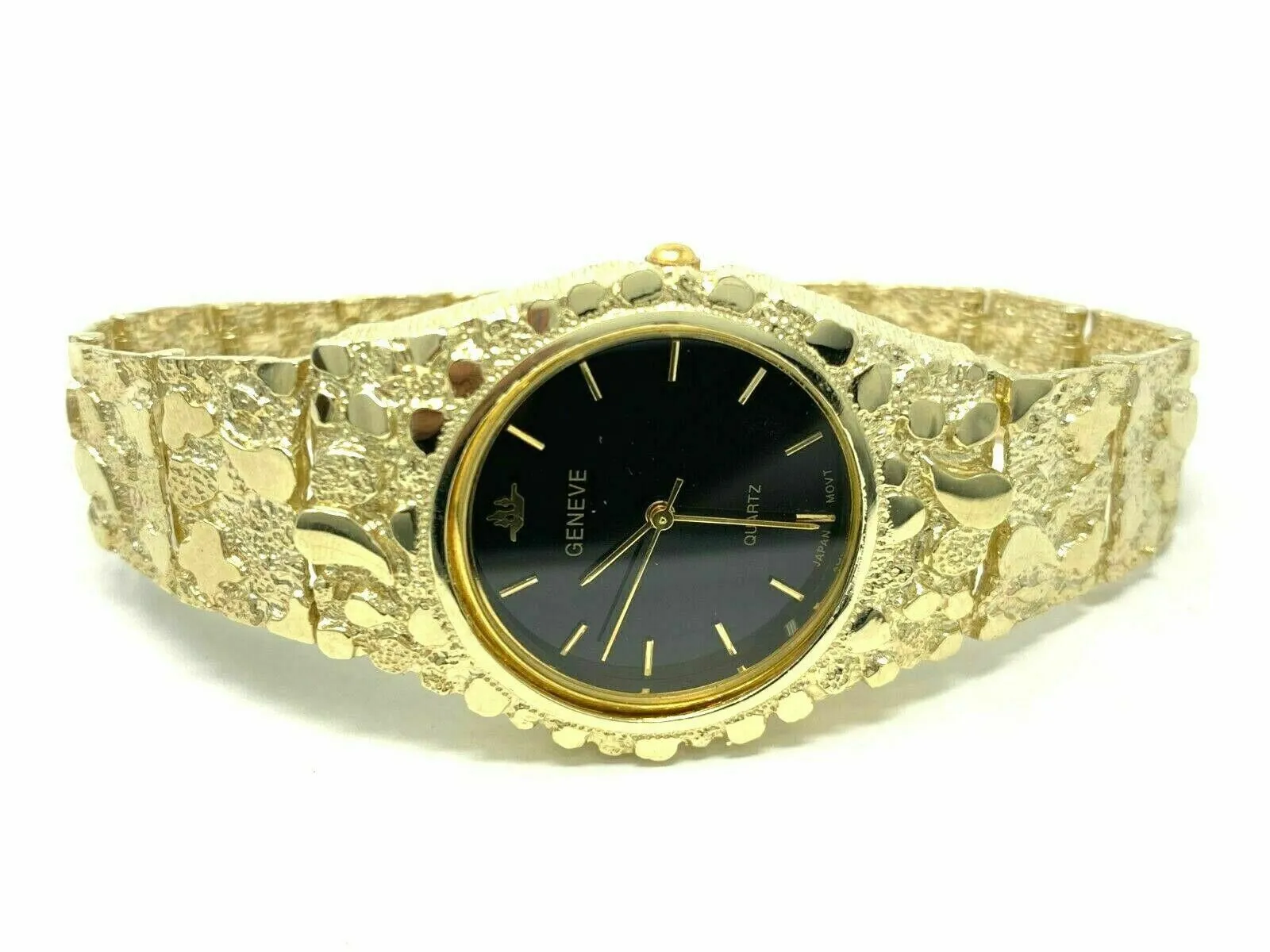 14k Yellow Gold Nugget Link Geneve Wrist Watch Adjustable 7.5-8" 56 grams