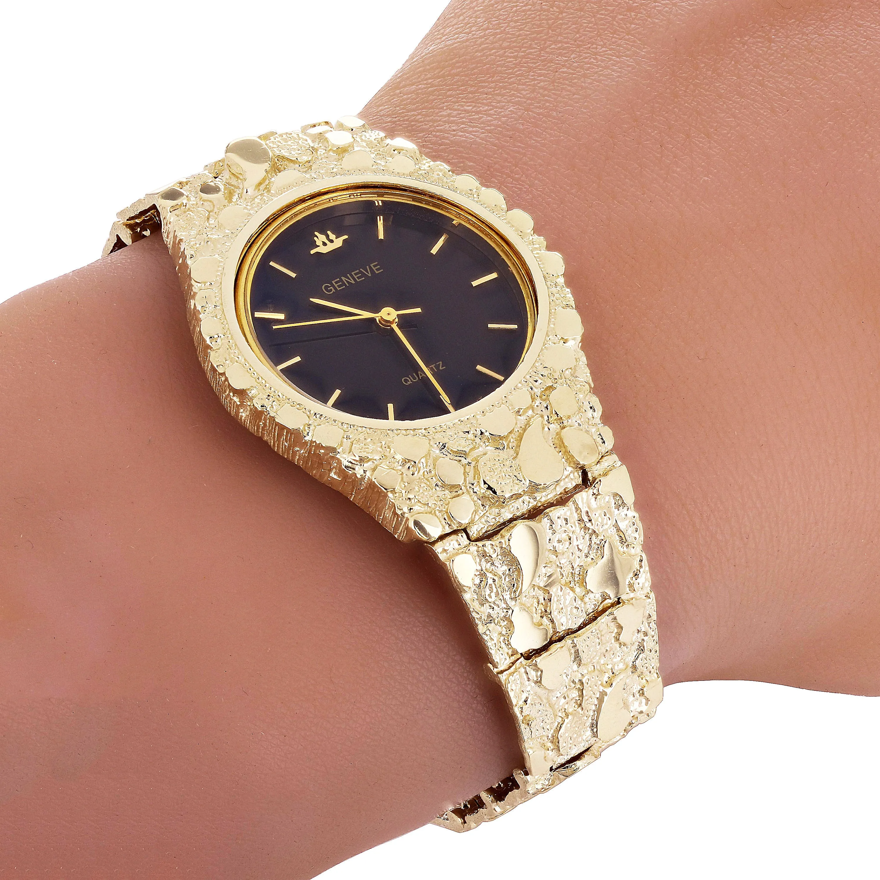 14k Yellow Gold Nugget Link Geneve Wrist Watch Adjustable 7.5-8" 56 grams