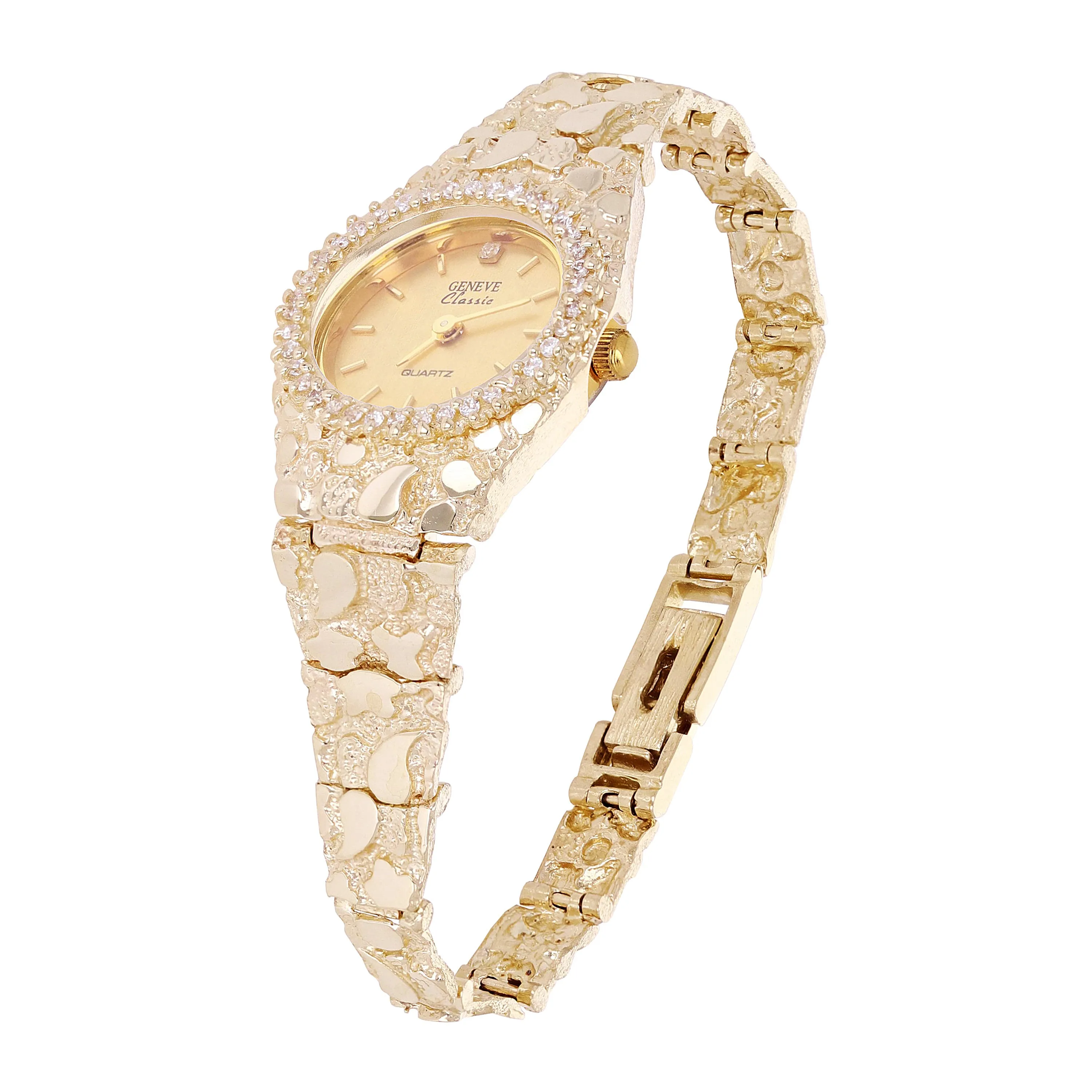 14k Yellow Gold Nugget Link Wrist Watch with Geneve Diamond Watch 6.5"-7" 29.8g