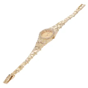 14k Yellow Gold Nugget Link Wrist Watch with Geneve Diamond Watch 6.5"-7" 29.8g