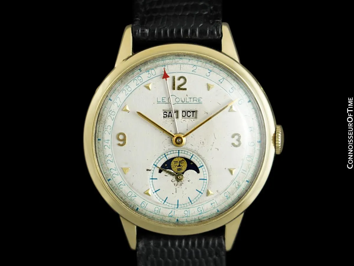 1949 Jaeger-LeCoultre Vintage Mens Triple Date Moon Phase Calendar Watch - Solid 14K Gold