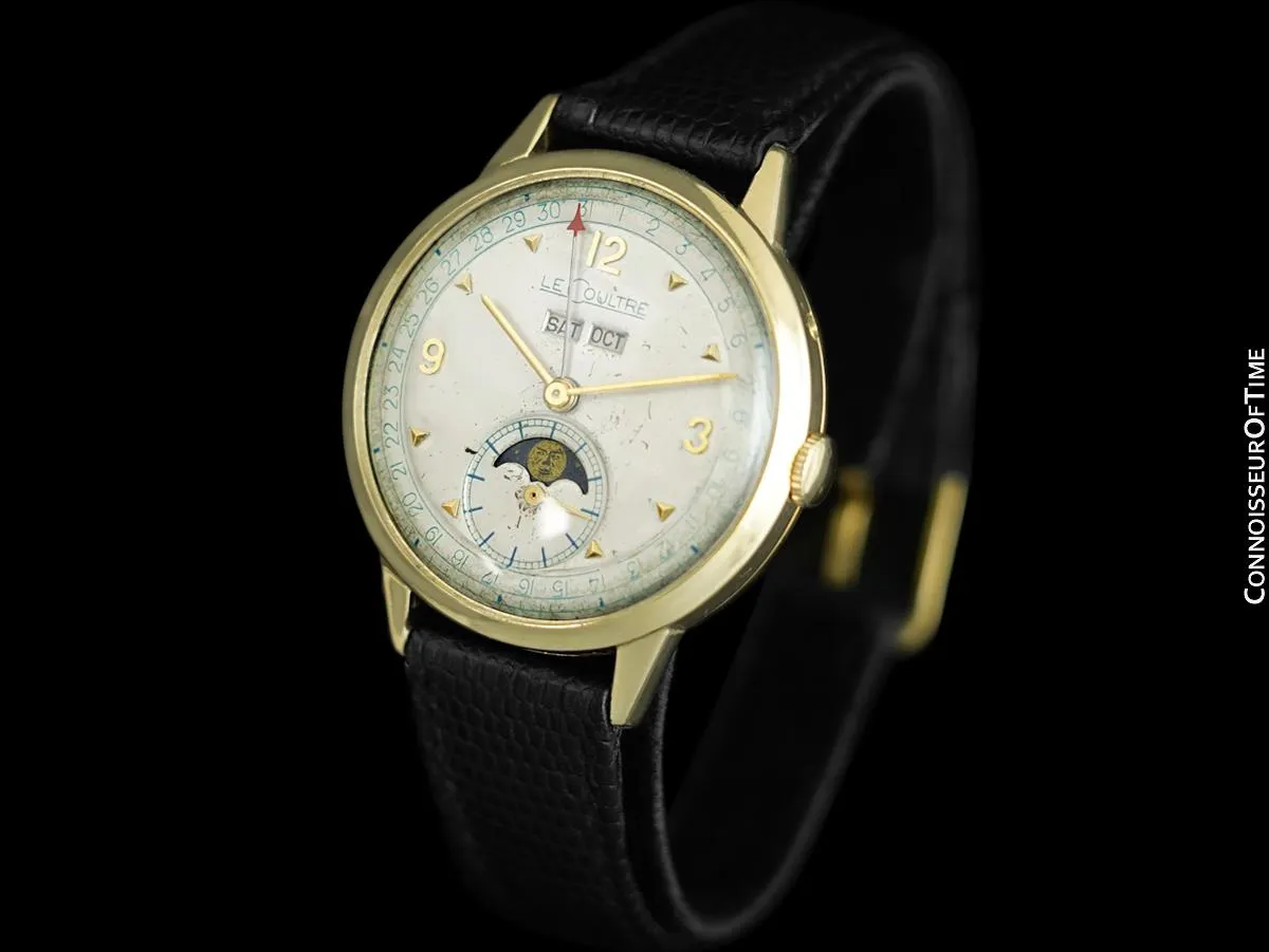 1949 Jaeger-LeCoultre Vintage Mens Triple Date Moon Phase Calendar Watch - Solid 14K Gold