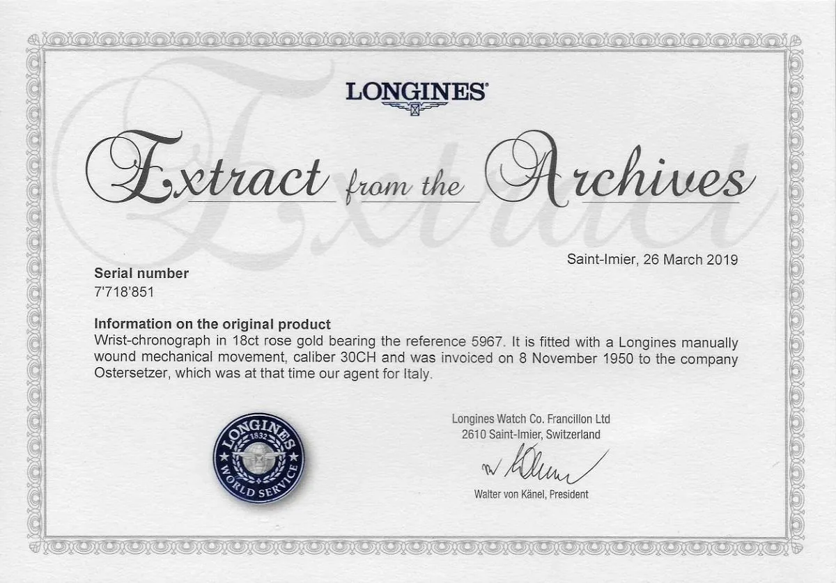 1950 Longines Caliber 30CH Mens Flyback 18K Rose Gold Chronograph Watch - Archive Extract