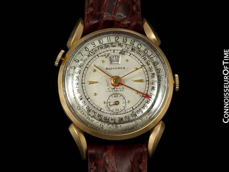 1950's Bucherer Vintage Mens Triple Date Calendar Watch - 18K Gold