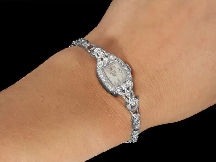 1950's Elgin Vintage Ladies Watch - 14K White Gold & Diamonds