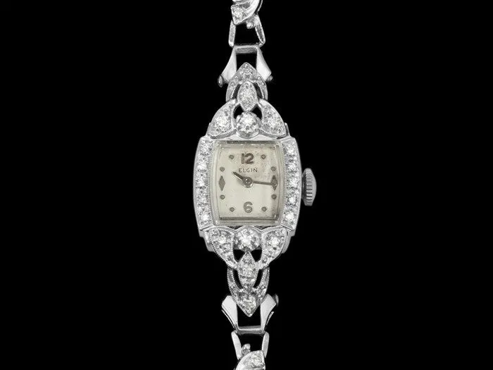 1950's Elgin Vintage Ladies Watch - 14K White Gold & Diamonds