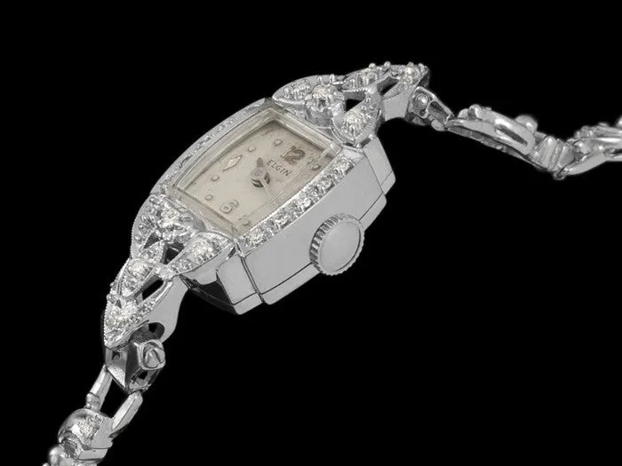 1950's Elgin Vintage Ladies Watch - 14K White Gold & Diamonds