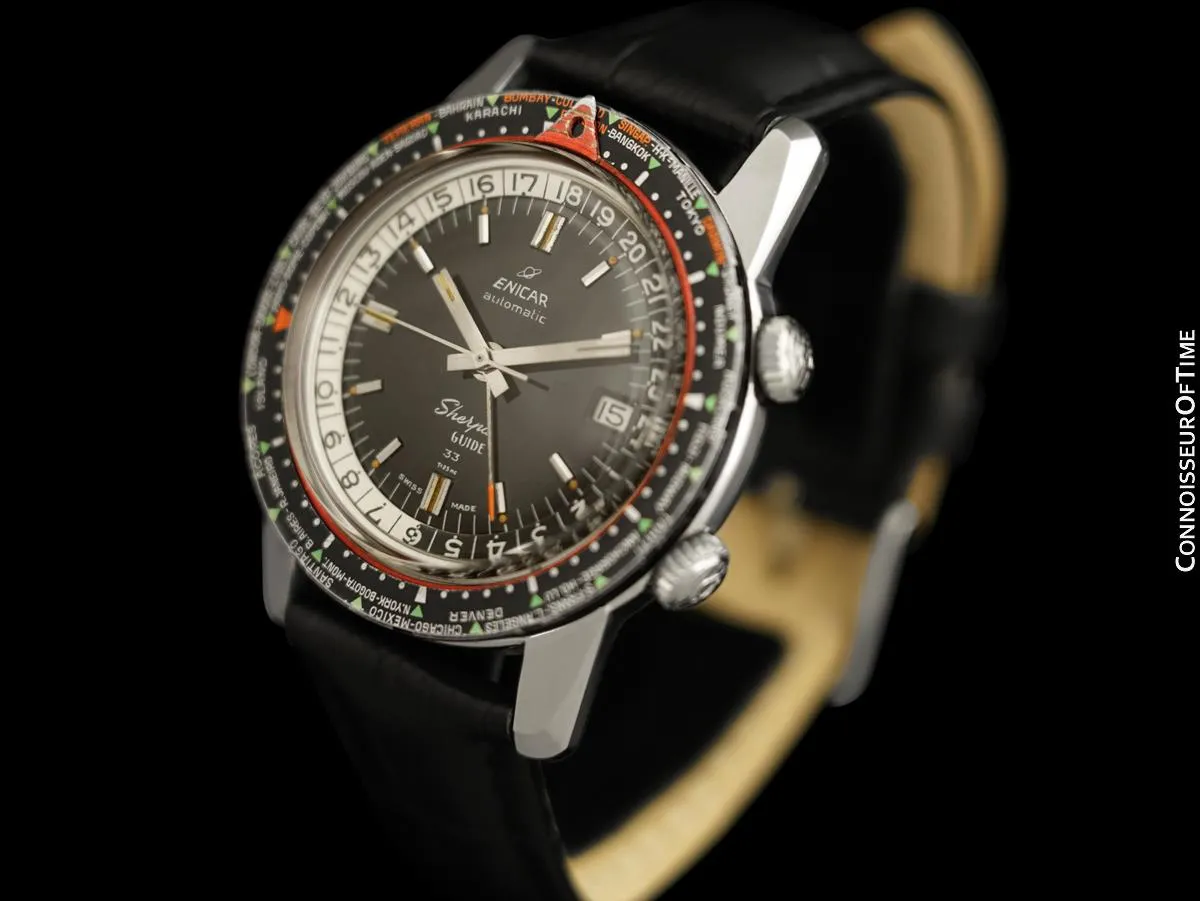 1964 Enicar Sherpa Guide 33 GMT World Time Mens Pilots Compressor Watch, Extra Large Size - Stainless Steel