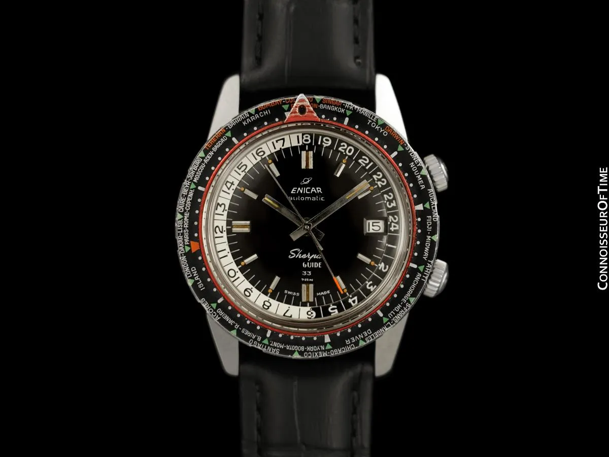 1964 Enicar Sherpa Guide 33 GMT World Time Mens Pilots Compressor Watch, Extra Large Size - Stainless Steel