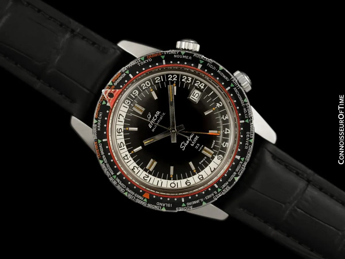 1964 Enicar Sherpa Guide 33 GMT World Time Mens Pilots Compressor Watch, Extra Large Size - Stainless Steel