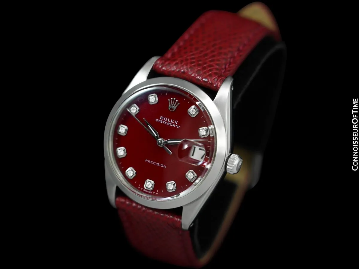 1964 Rolex Oysterdate Mens Vintage Ref. 6694 Date Watch with Red Dial - Stainless Steel & Diamonds