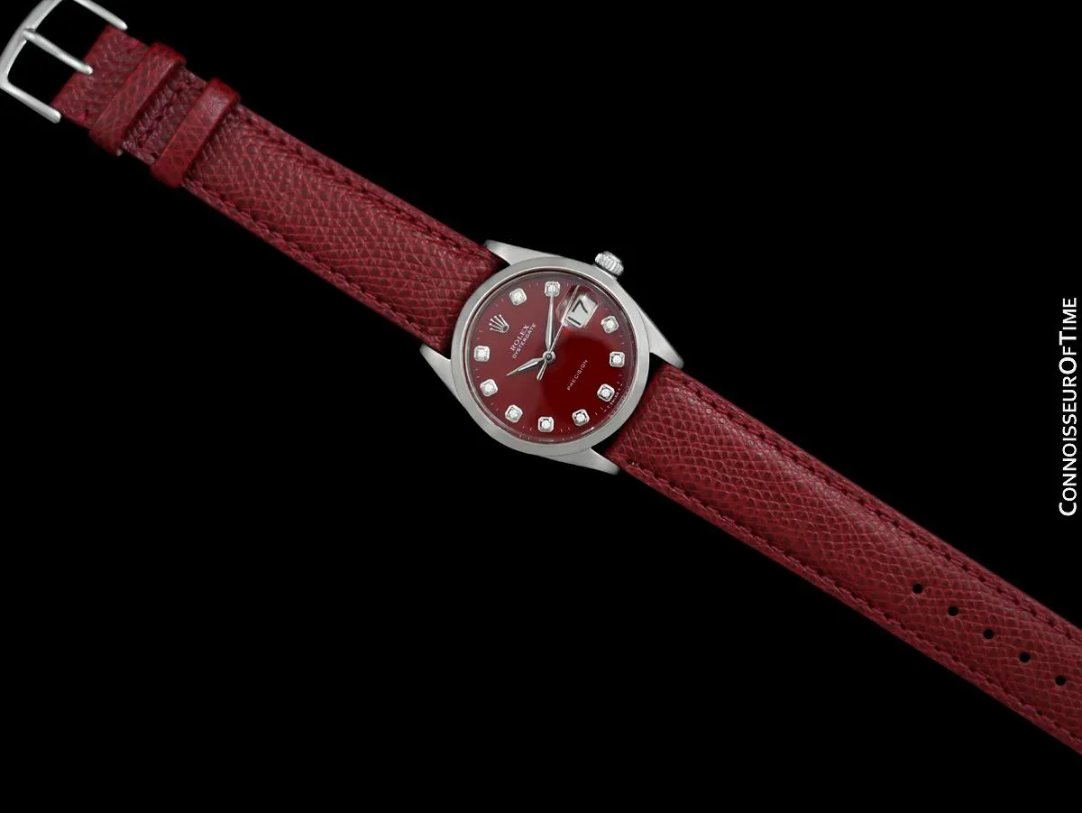 1964 Rolex Oysterdate Mens Vintage Ref. 6694 Date Watch with Red Dial - Stainless Steel & Diamonds