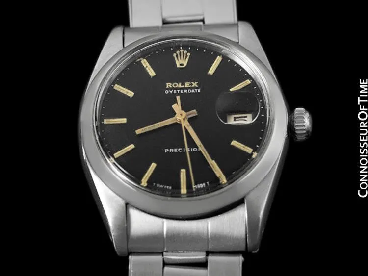 1965 Rolex Vintage Mens Oysterdate Date Watch, Black Dial - Stainless Steel