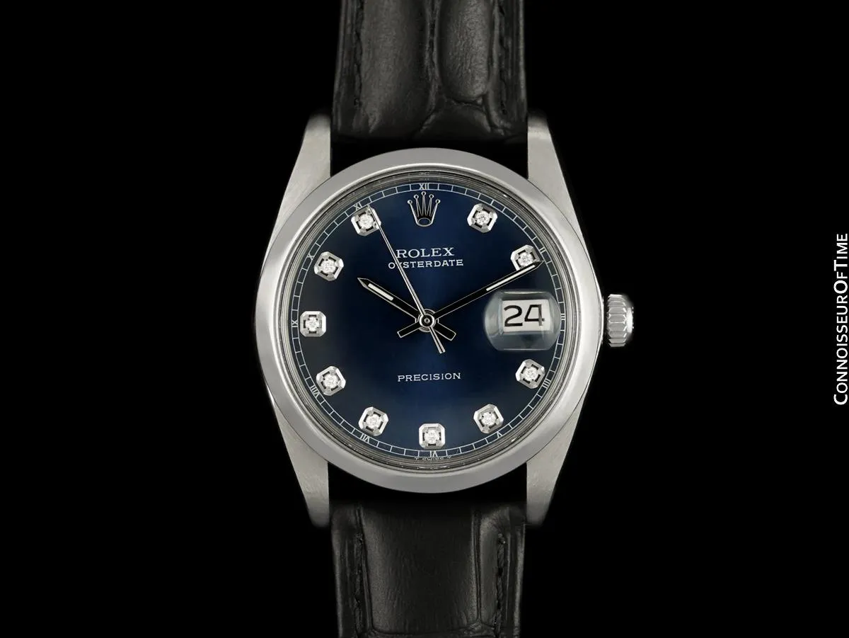 1966 Rolex Oysterdate Mens Vintage Ref. 6694 Date Watch with Blue Dial - Stainless Steel & Diamonds