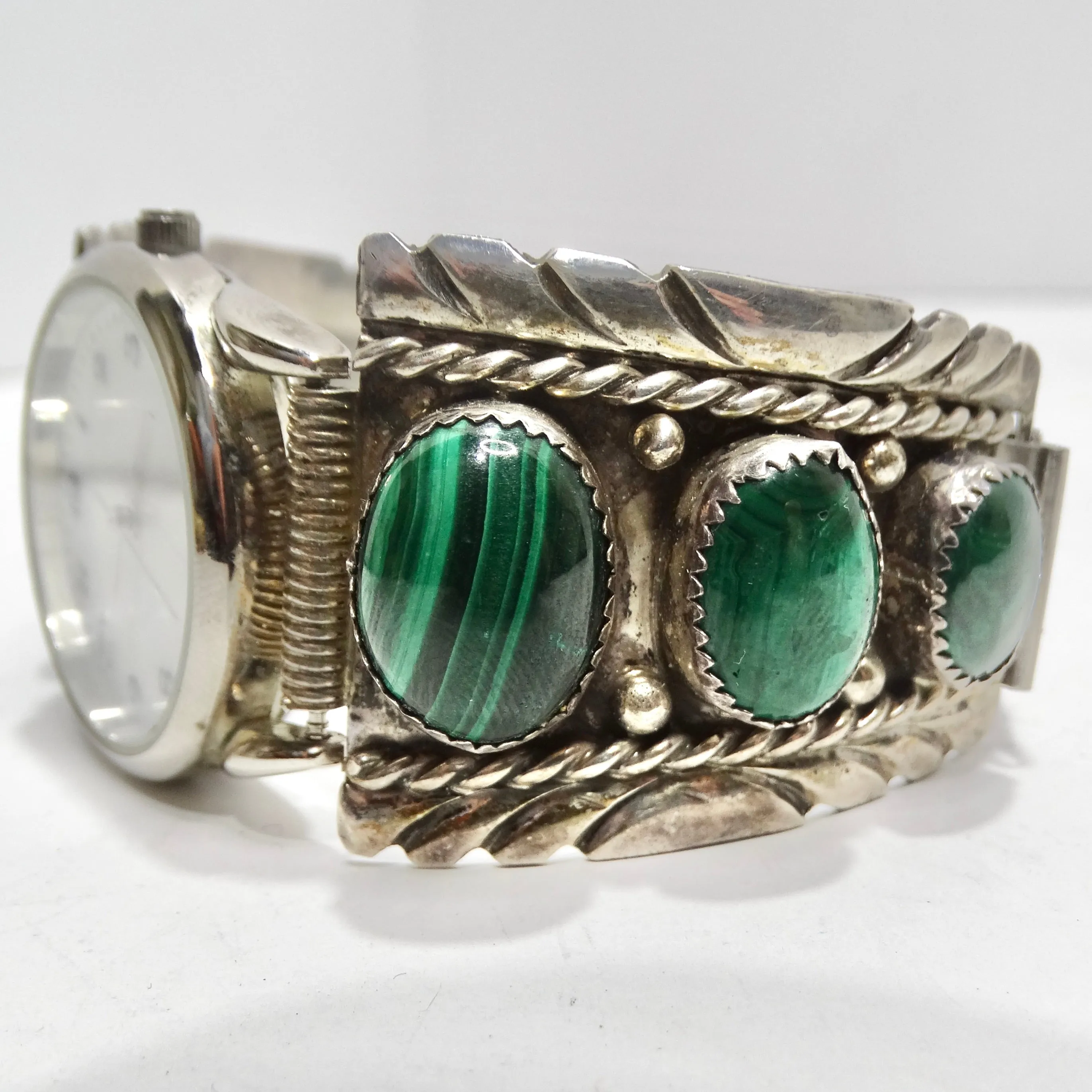 1970s Native American Silver Malachite Stone Watch