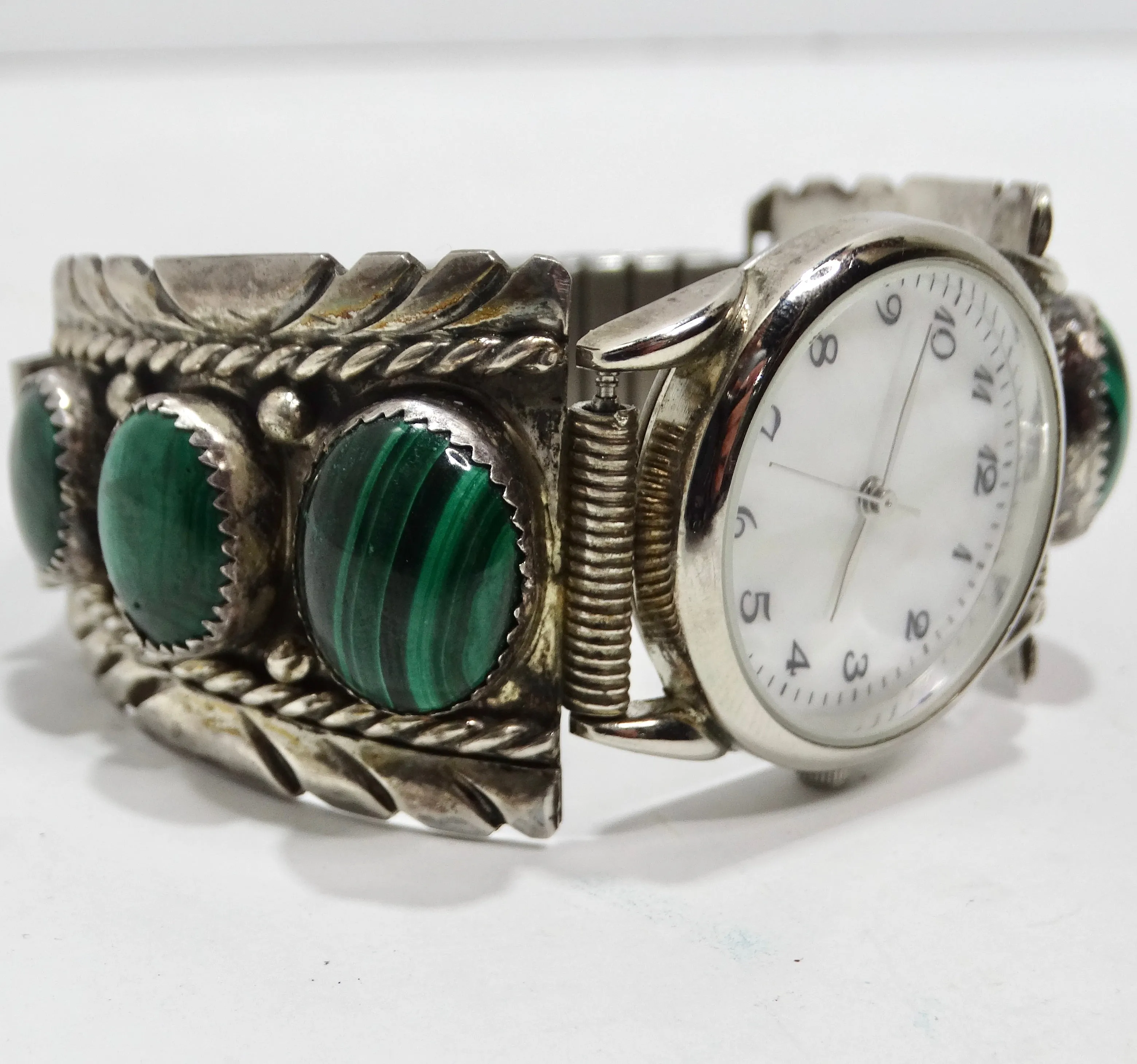 1970s Native American Silver Malachite Stone Watch
