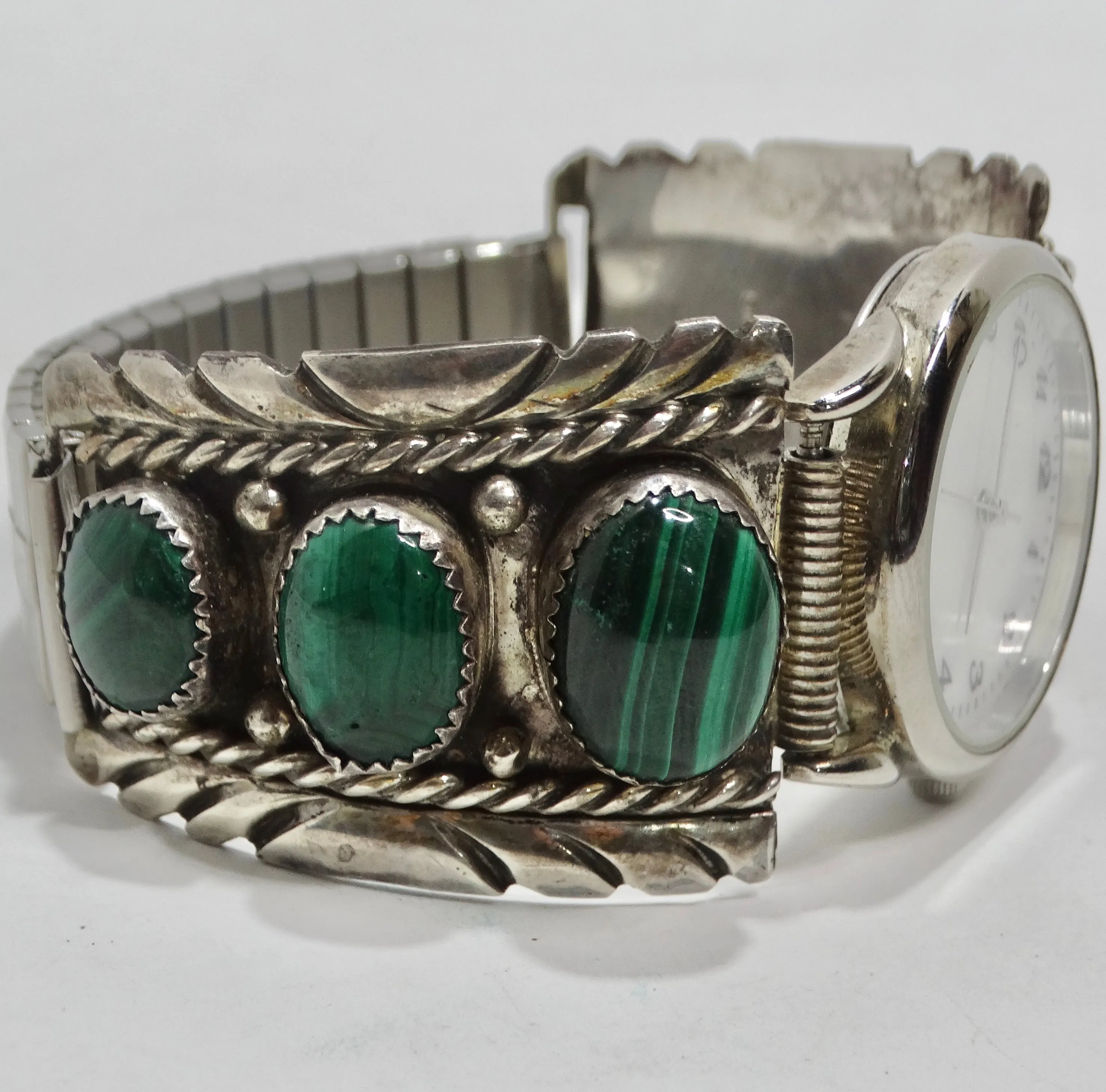 1970s Native American Silver Malachite Stone Watch