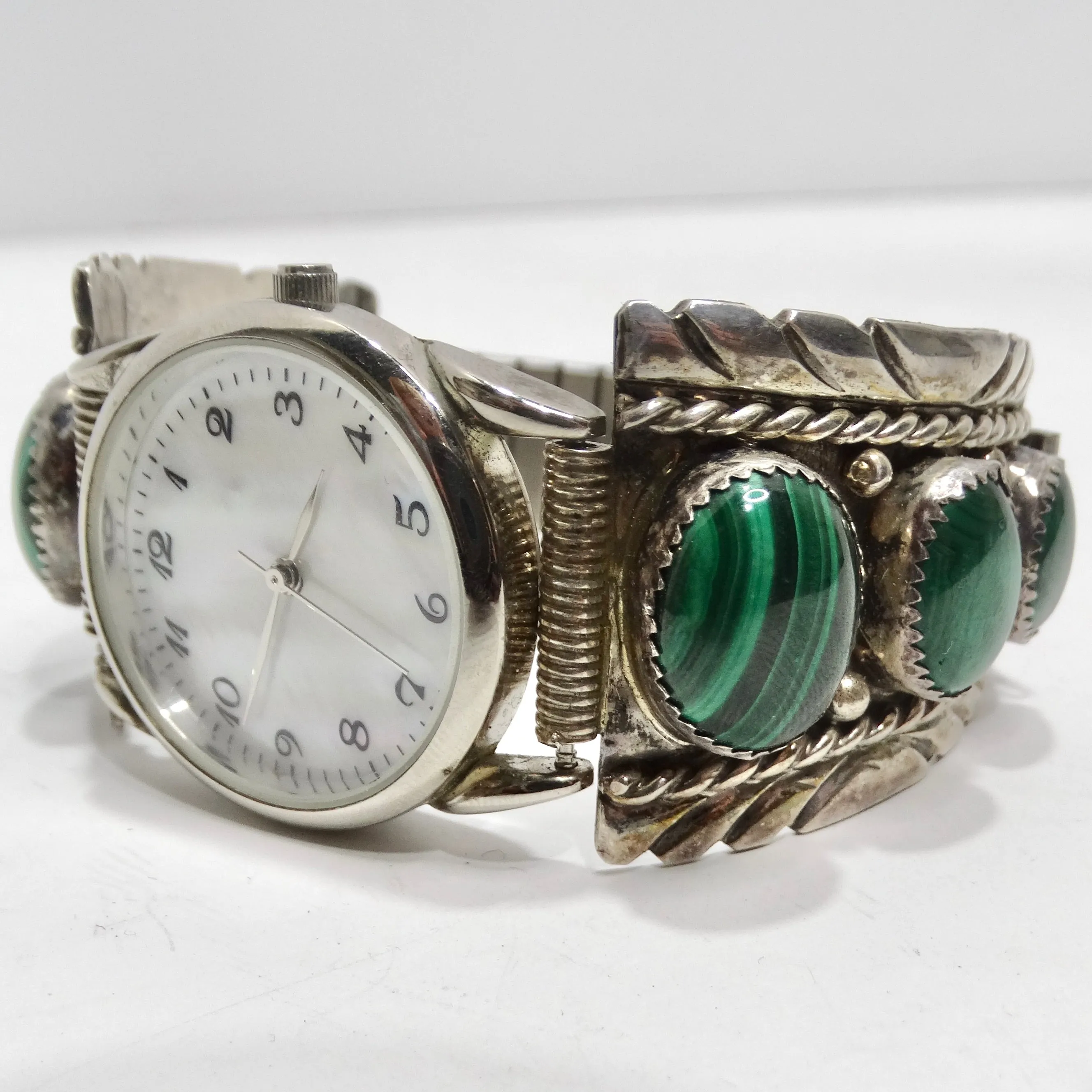 1970s Native American Silver Malachite Stone Watch