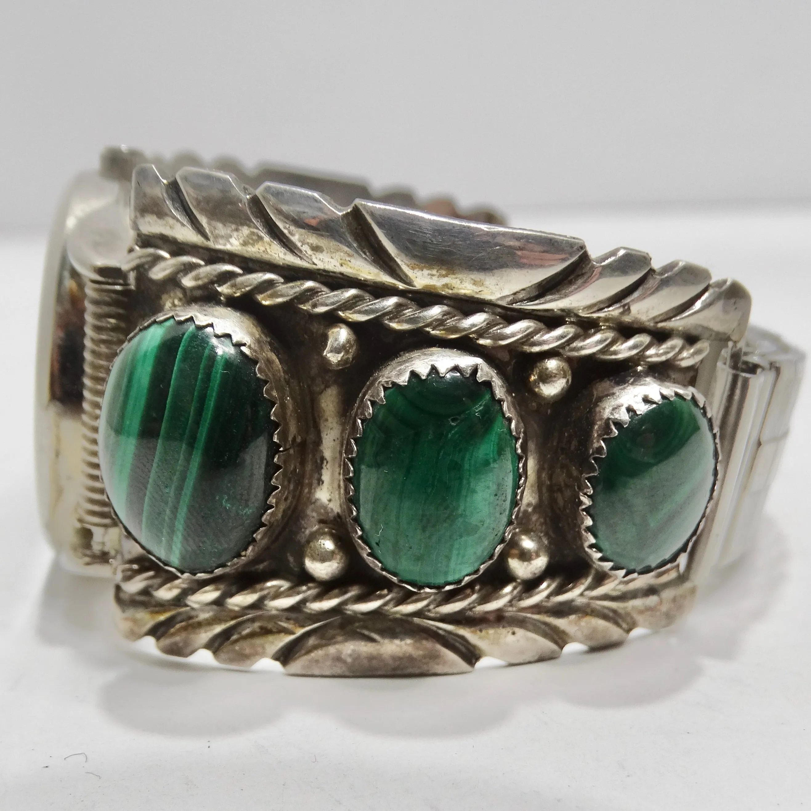 1970s Native American Silver Malachite Stone Watch
