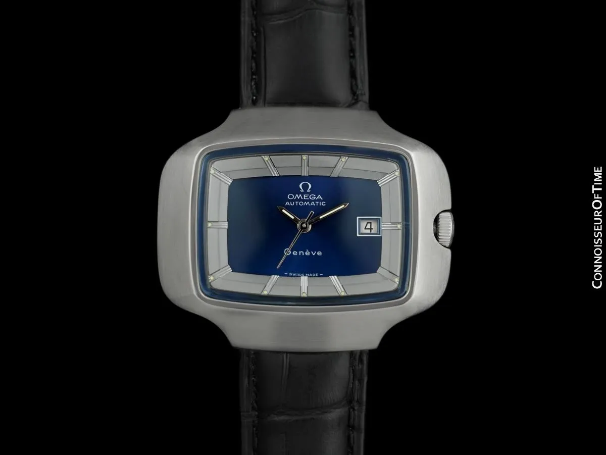 1970's Omega De Ville Mens Extra-Large Retro Dress TV Watch with Dimensional Dial - Stainless Steel