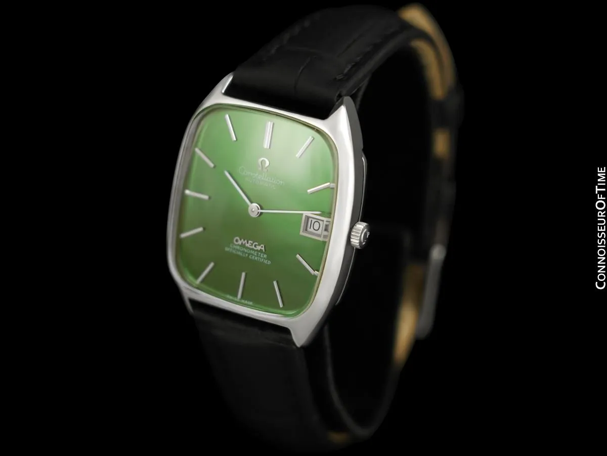1971 Omega Constellation Chronometer Vintage Mens Tonneau Watch with Green Emerald Dial - Stainless Steel