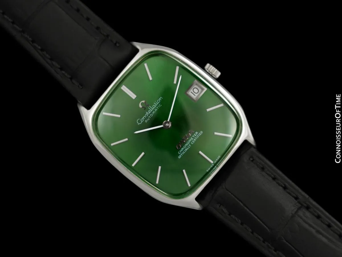 1971 Omega Constellation Chronometer Vintage Mens Tonneau Watch with Green Emerald Dial - Stainless Steel