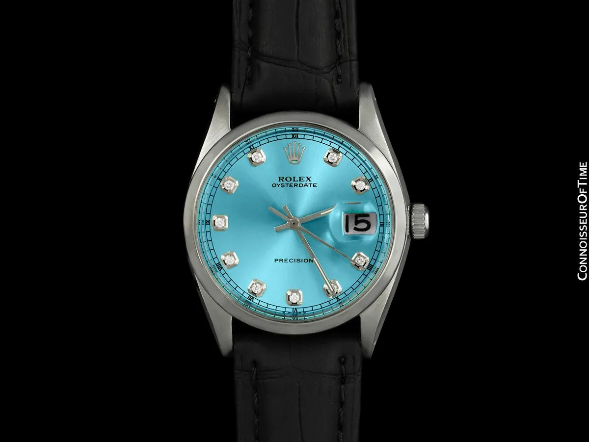 1971 Rolex Oysterdate Mens Vintage Tiffany Blue Dial Watch - Stainless Steel & Diamonds