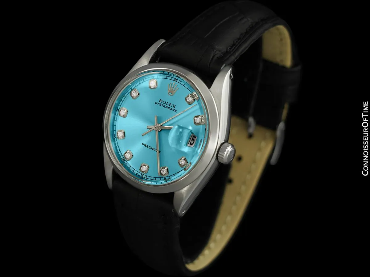 1971 Rolex Oysterdate Mens Vintage Tiffany Blue Dial Watch - Stainless Steel & Diamonds