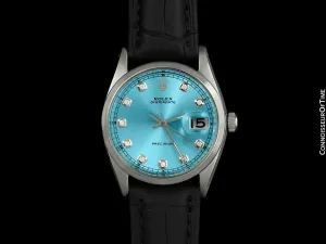 1971 Rolex Oysterdate Mens Vintage Tiffany Blue Dial Watch - Stainless Steel & Diamonds