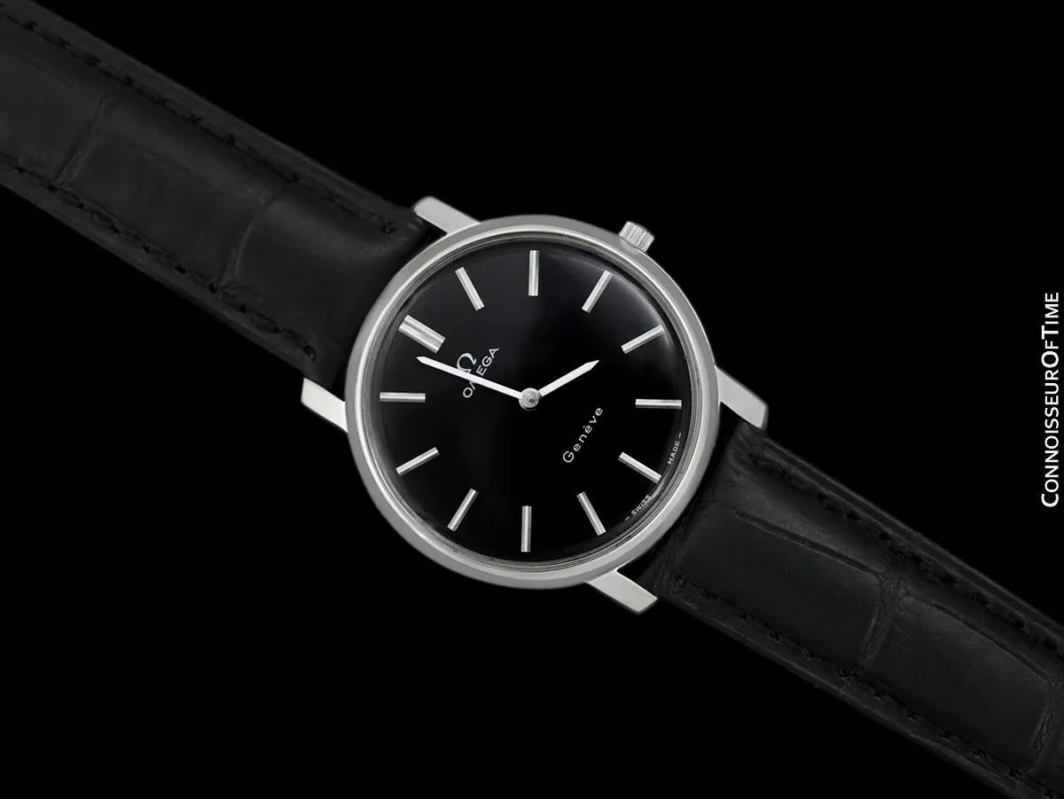 1973 Omega Geneve Vintage Mens Handwound Black Dial Dress Watch - Stainless Steel