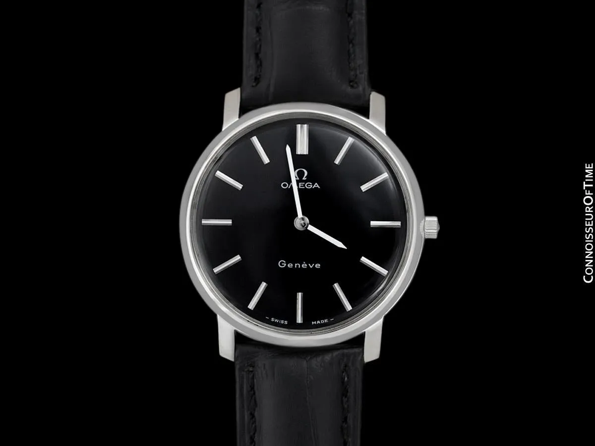 1973 Omega Geneve Vintage Mens Handwound Black Dial Dress Watch - Stainless Steel