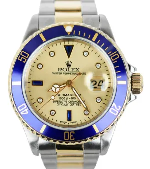 1996 Rolex Submariner Champagne Serti Diamond Sapphire 16613 Two-Tone Blue 40mm