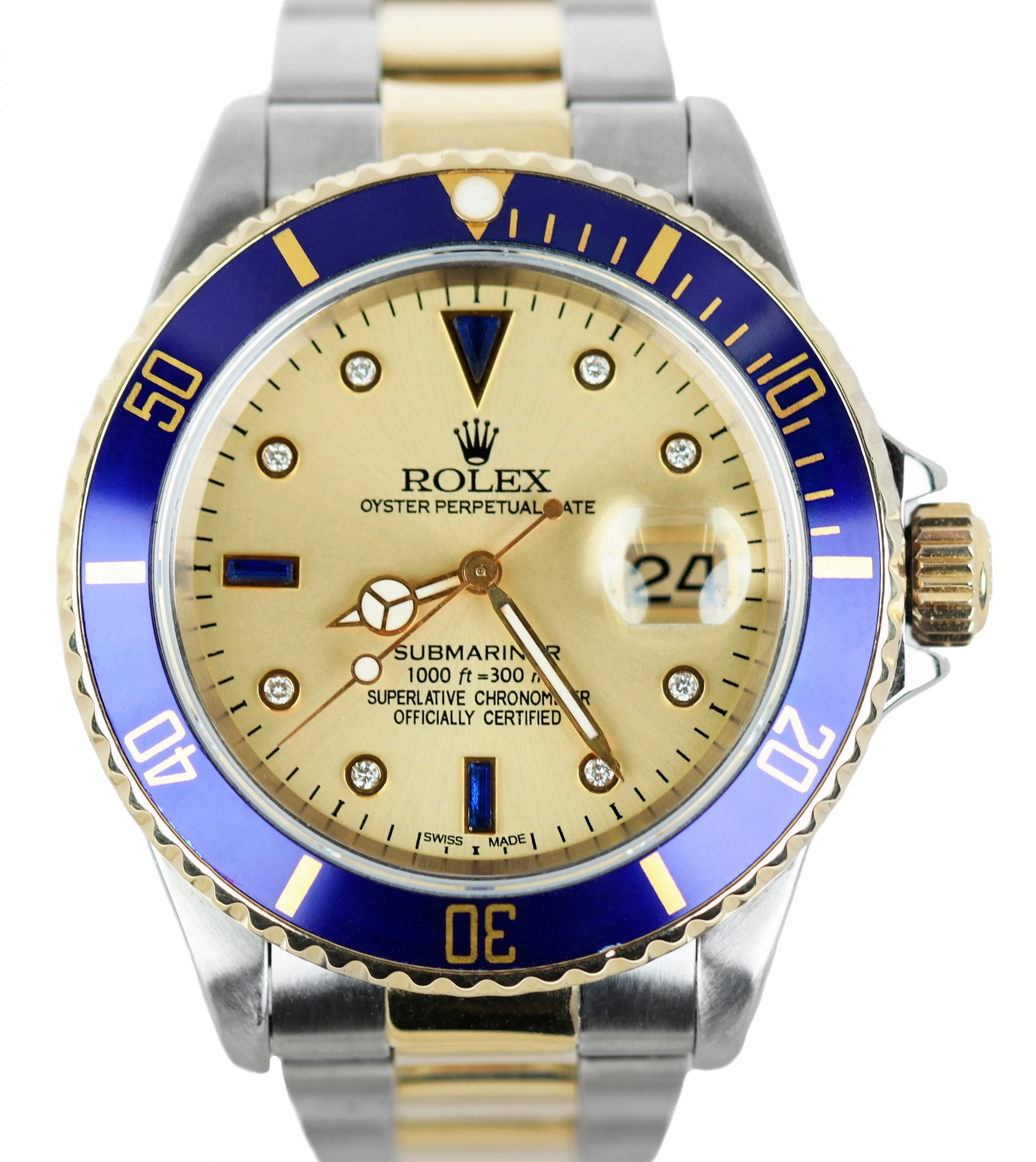 1996 Rolex Submariner Champagne Serti Diamond Sapphire 16613 Two-Tone Blue 40mm