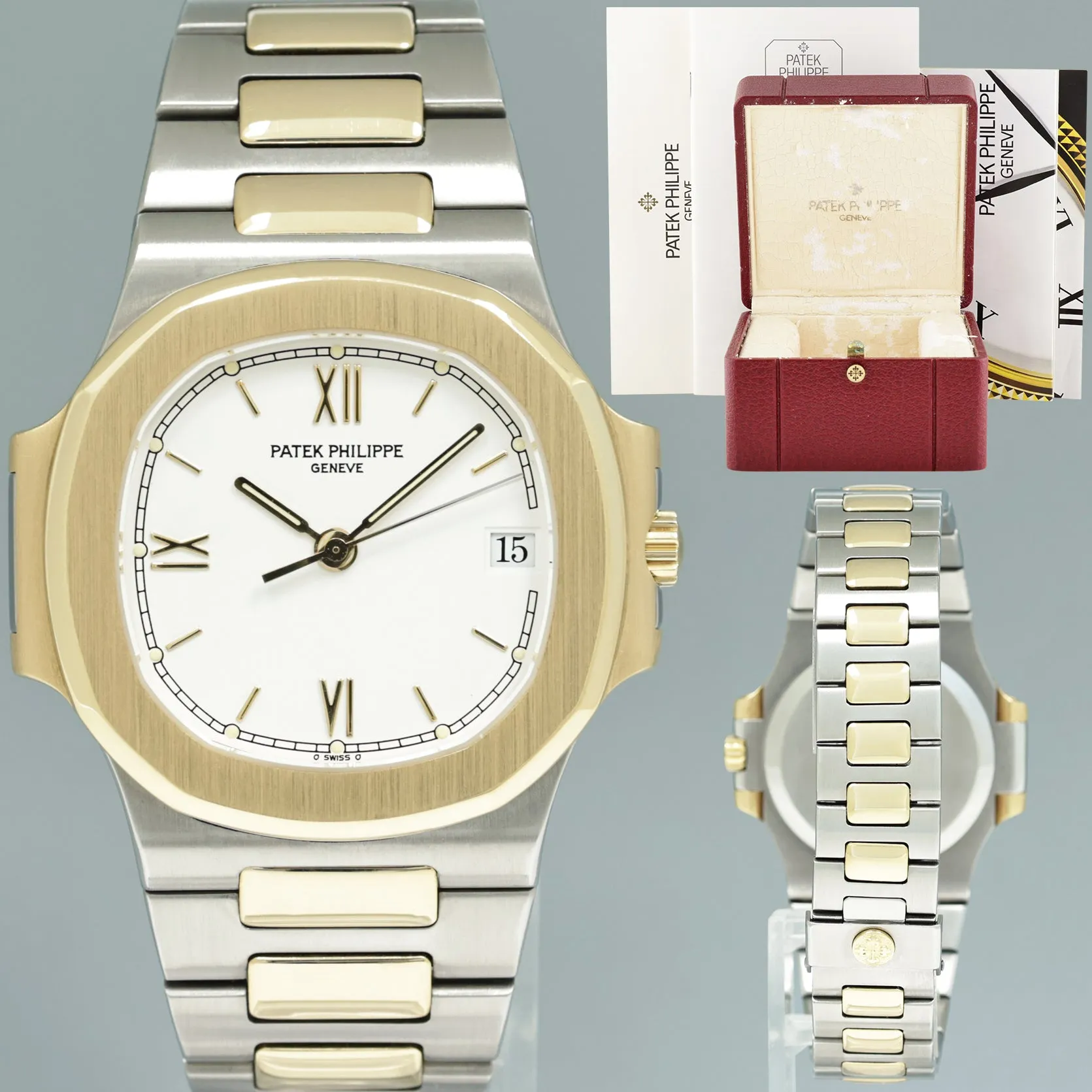 1997 MINT PAPERS Patek Philippe 37mm 3800 Nautilus White Yellow Gold Two Tone Watch