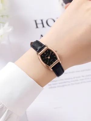 1pc Geometric Dial PU Strap Quartz Watch - Black- FD ⚡