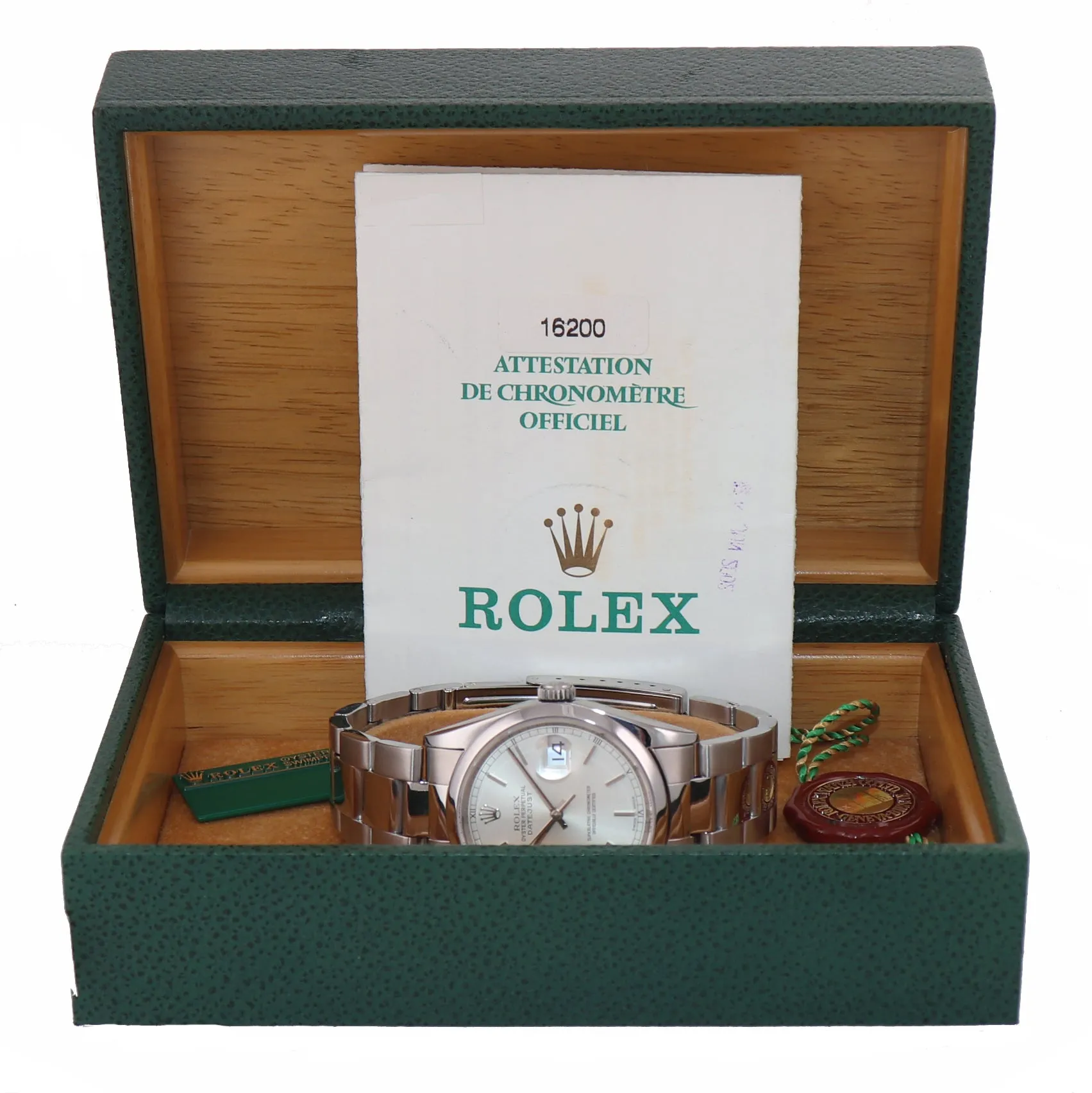 2002 MINT PAPERS Rolex DateJust 36mm 16200 Steel Silver Stick Oyster Watch Box
