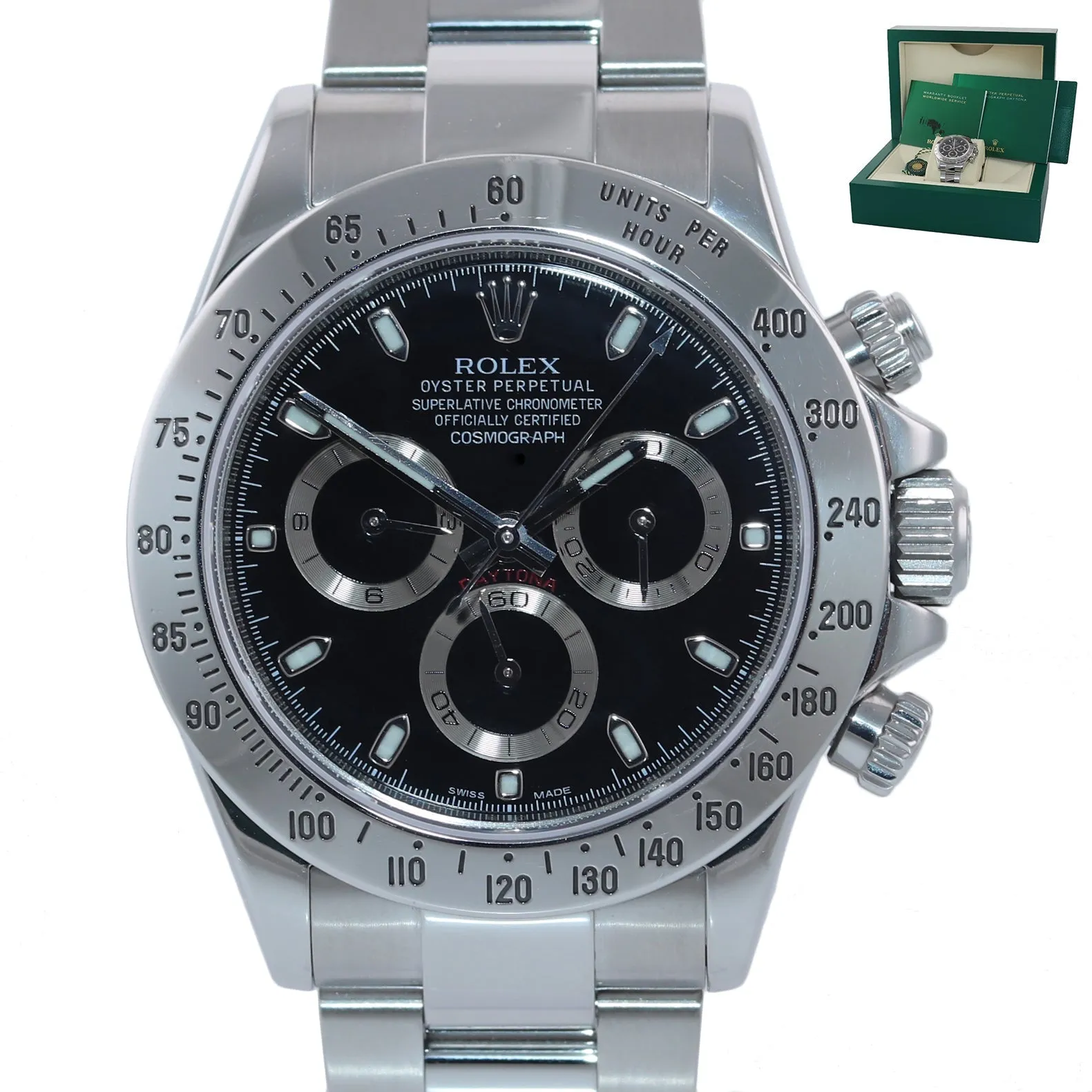 2007 Rolex Daytona 116520 Black Dial Chronograph Steel Watch Engraved Rehaut