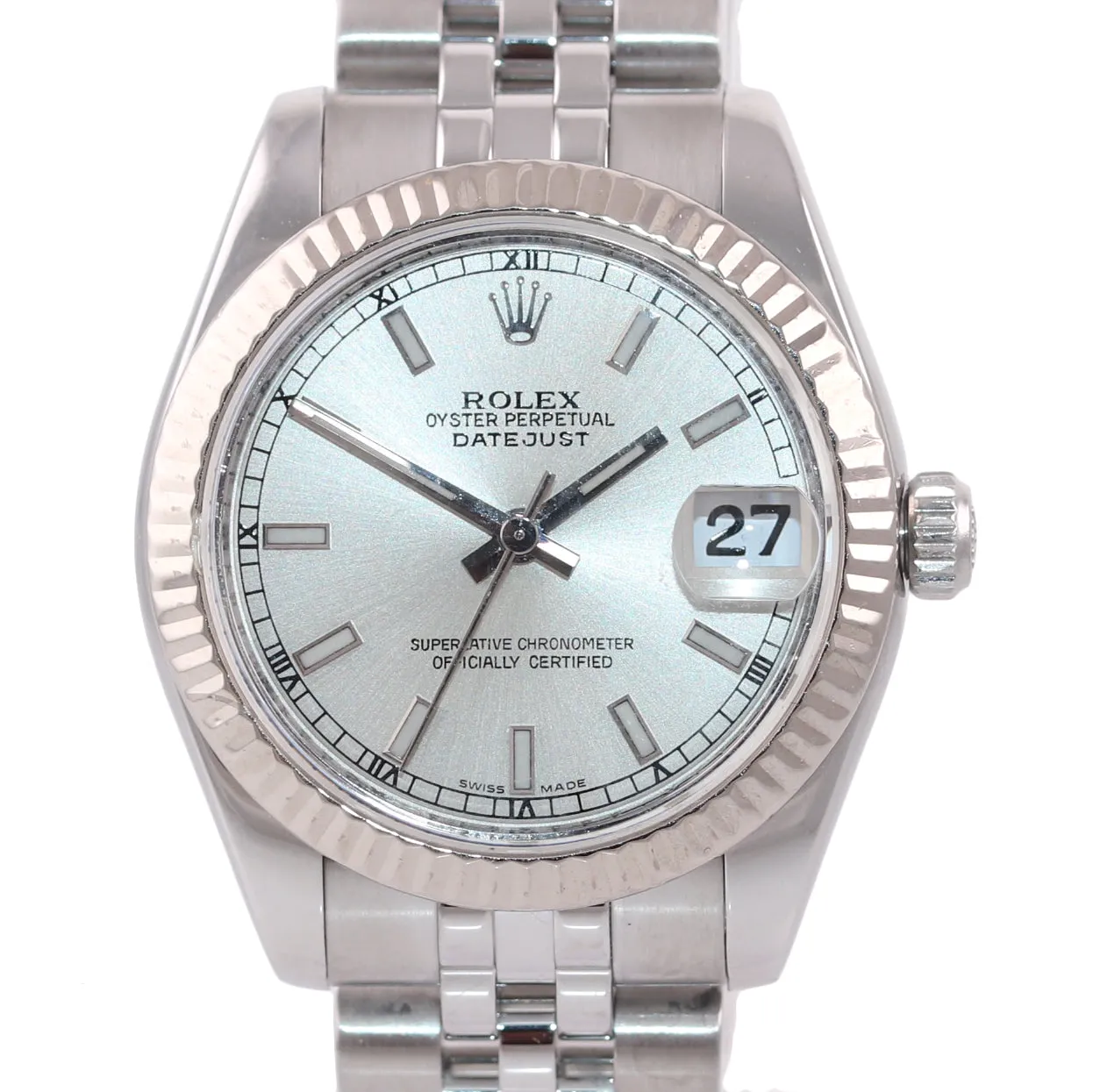 2009 Ladies Rolex DateJust MidSize 31mm Silver Stick Fluted Steel 178274 Watch B