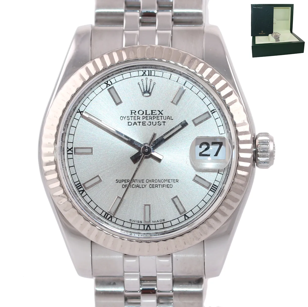 2009 Ladies Rolex DateJust MidSize 31mm Silver Stick Fluted Steel 178274 Watch B