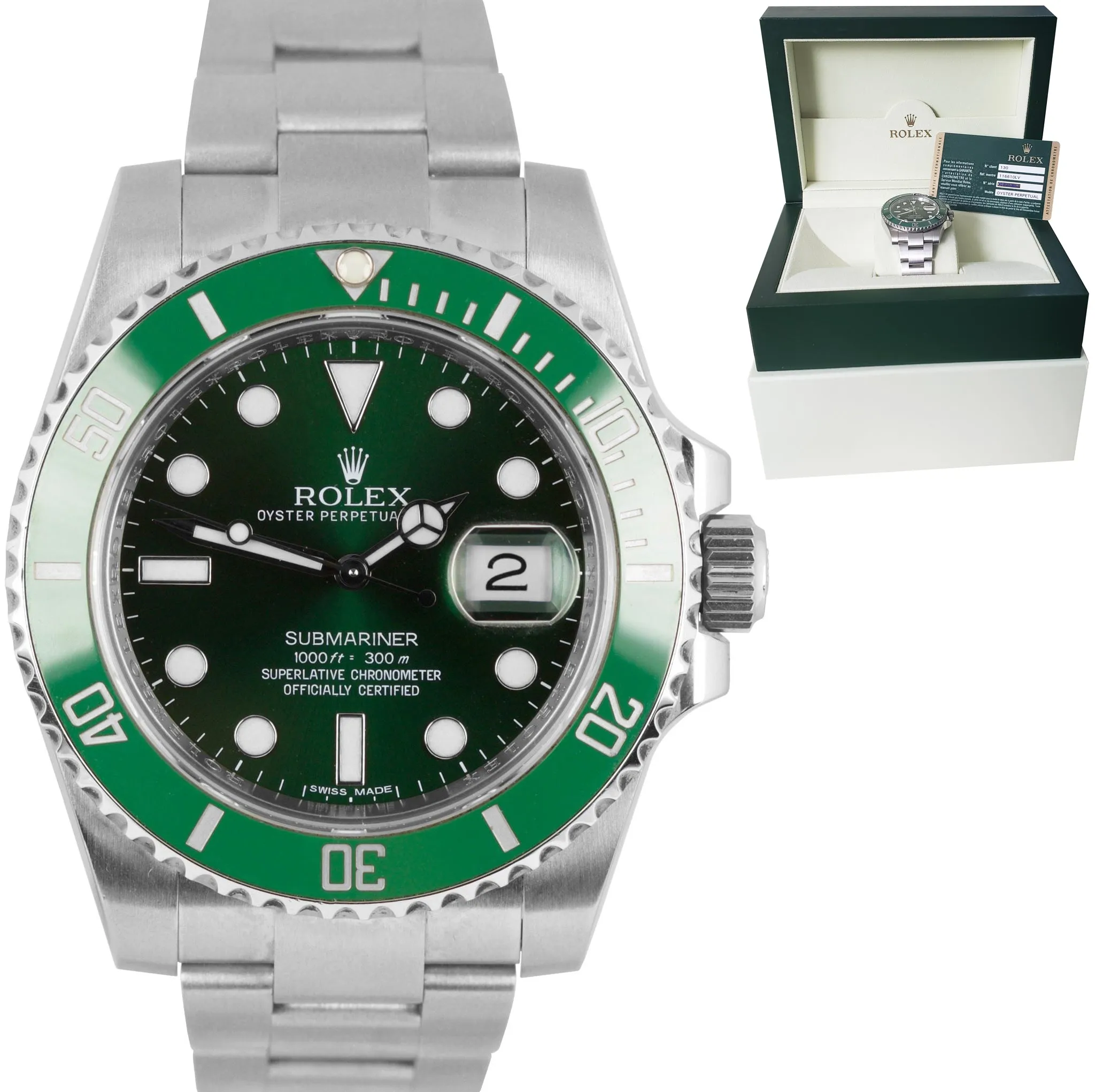 2013 Rolex Submariner Date HULK Stainless Green Ceramic 40mm Watch 116610 LV B P