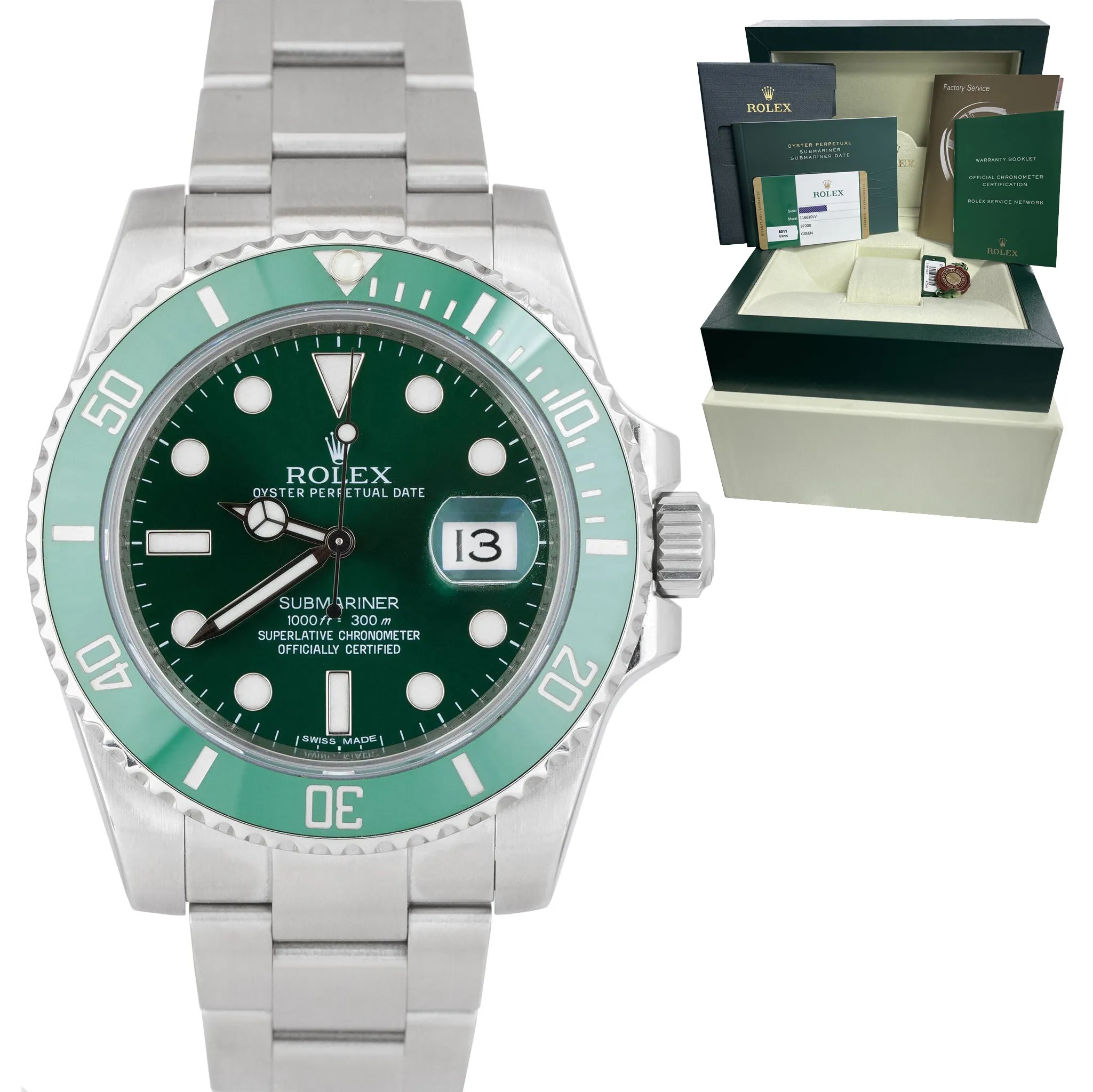 2014 Rolex Submariner Date Hulk Stainless Green Ceramic 40mm Watch 116610 LV B P
