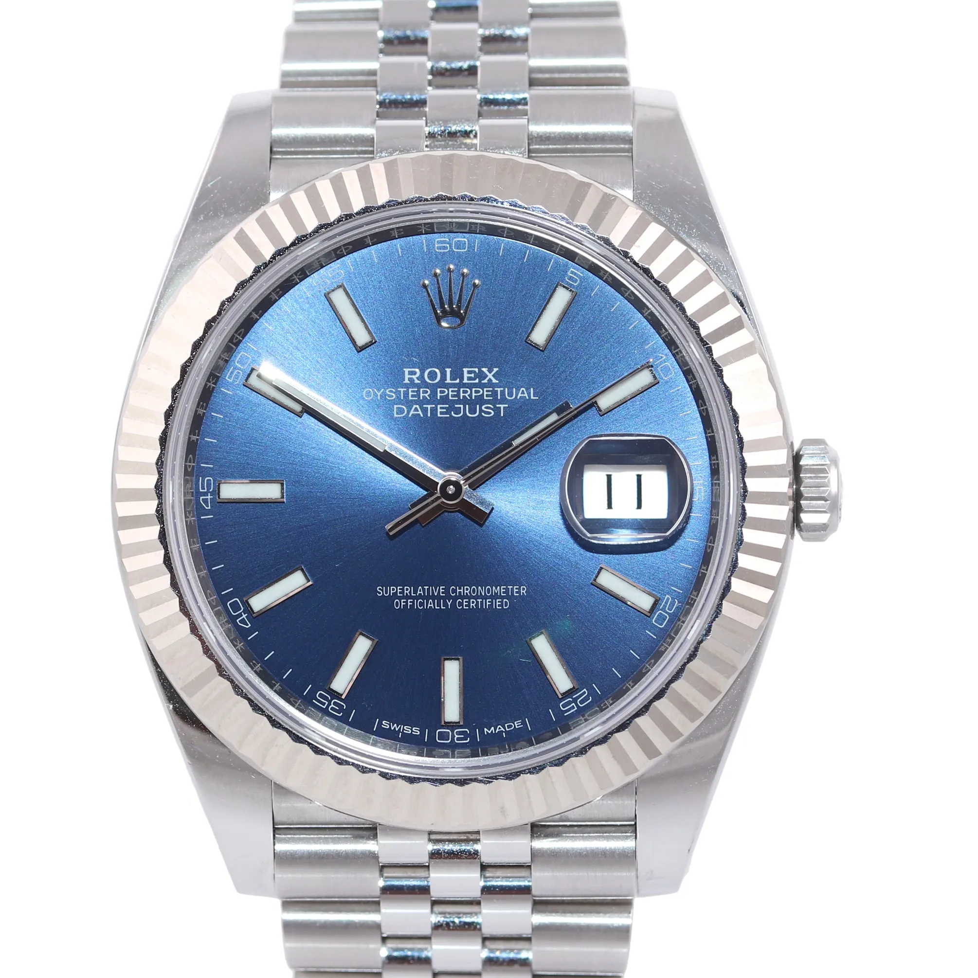 2019  MINT PAPERS Rolex DateJust 41 Blue Stick Super Jubilee Fluted 126334 Watch