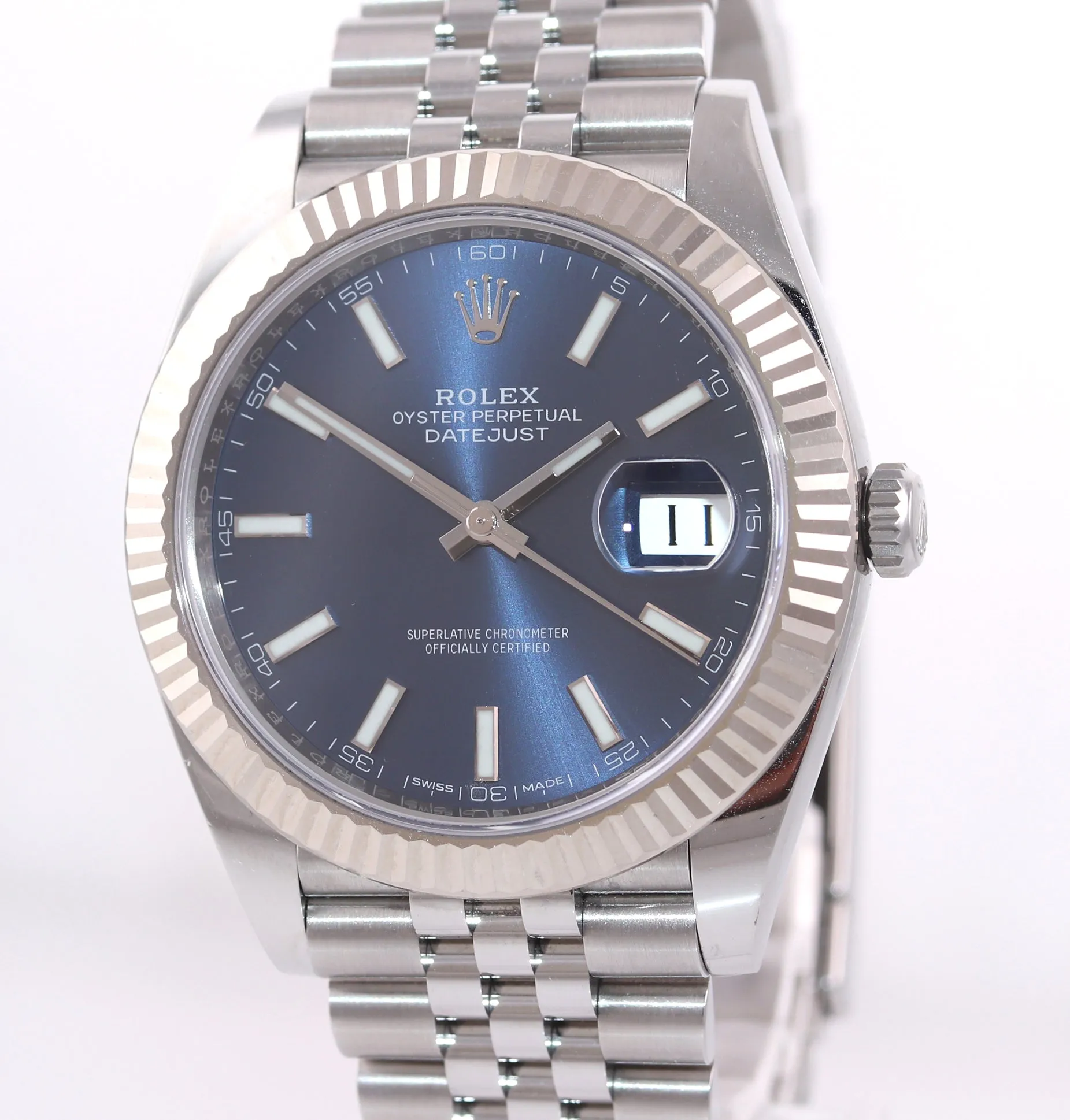 2019  MINT PAPERS Rolex DateJust 41 Blue Stick Super Jubilee Fluted 126334 Watch