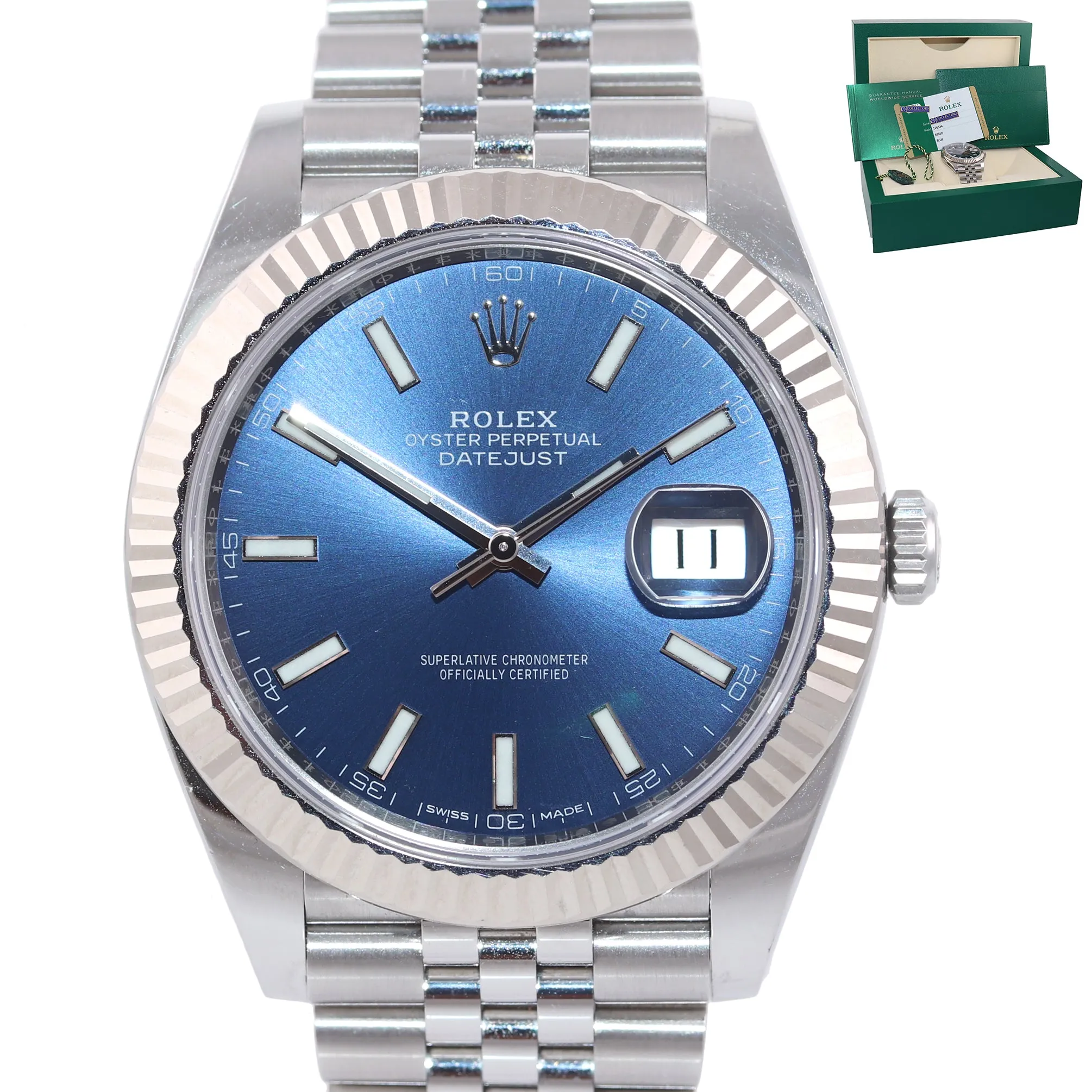 2019  MINT PAPERS Rolex DateJust 41 Blue Stick Super Jubilee Fluted 126334 Watch