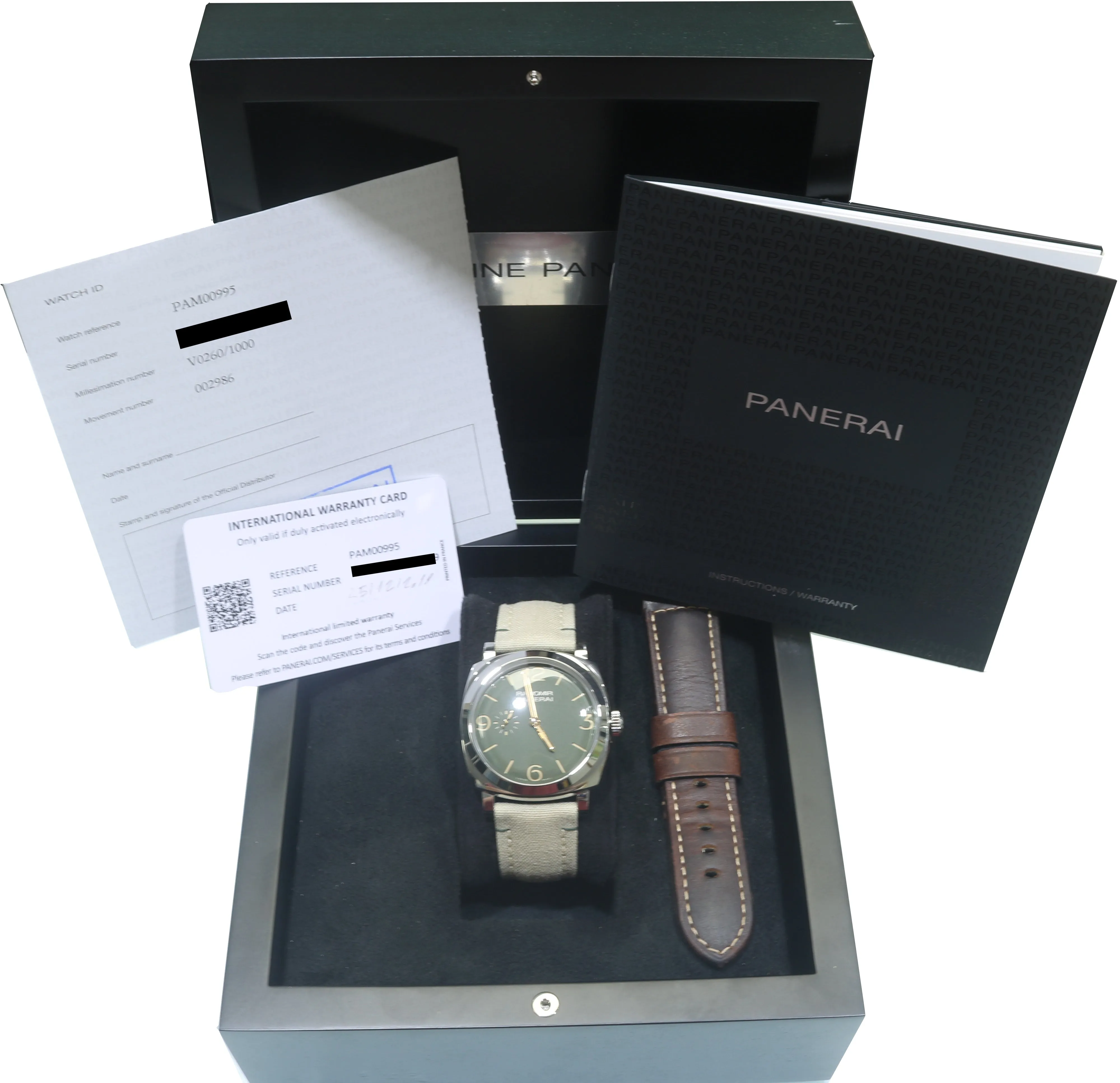 2019 Panerai PAM 995 Radiomir Green Dial 45mm Stainless Canvas Watch PAM00995