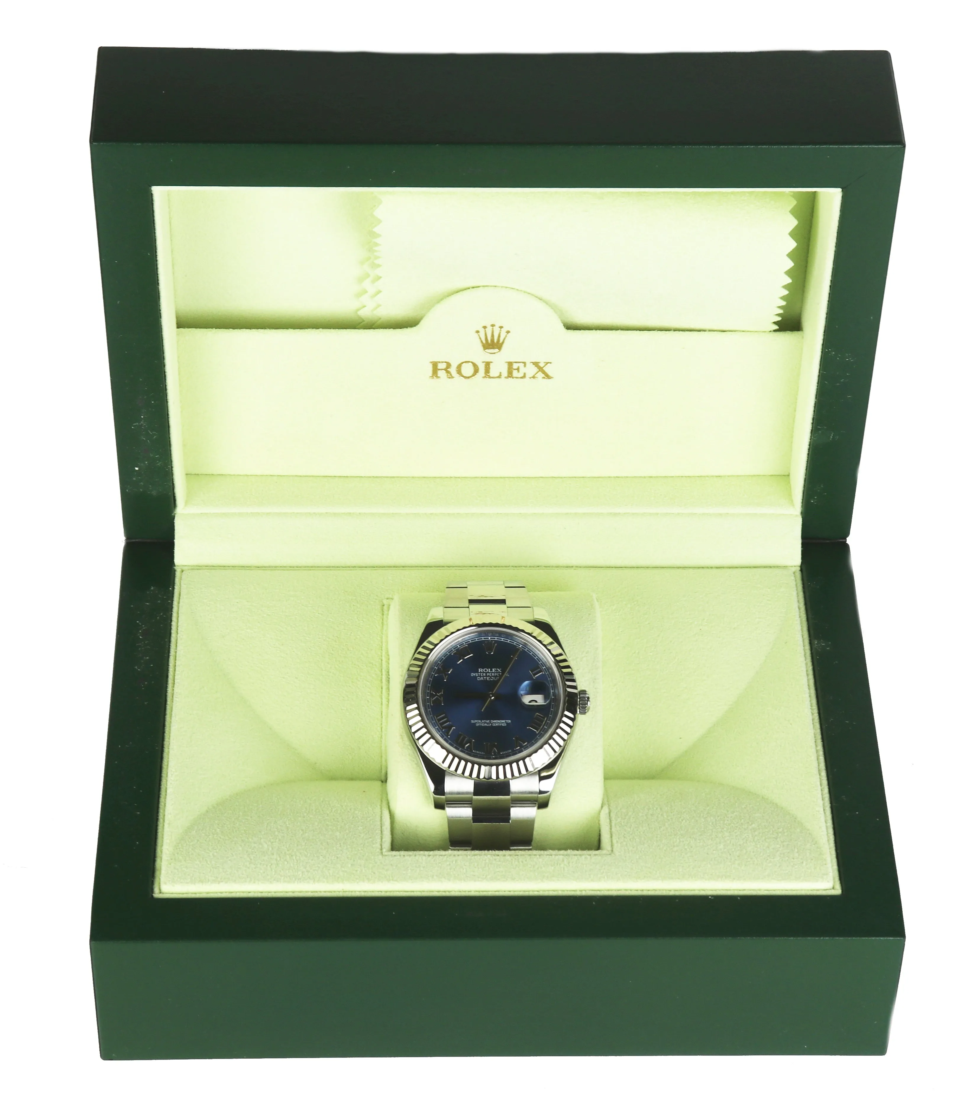 2020 ROLEX SERVICE RSC Datejust II 41MM Azurro Blue Roman 116334 18K White Gold